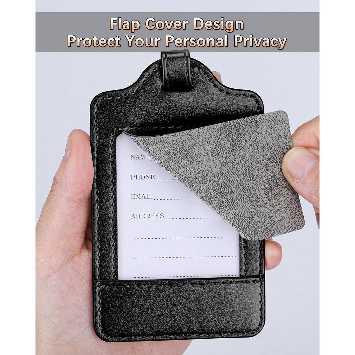Schwarzes Leder-Ausweiskartenhalter mit Klappendeckel, der eine Karte mit Feldern für Name, Telefon, E-Mail und Adresse schützt; der Text lautet „Klappendeckel-Design Schützen Sie Ihre persönliche Privatsphäre".