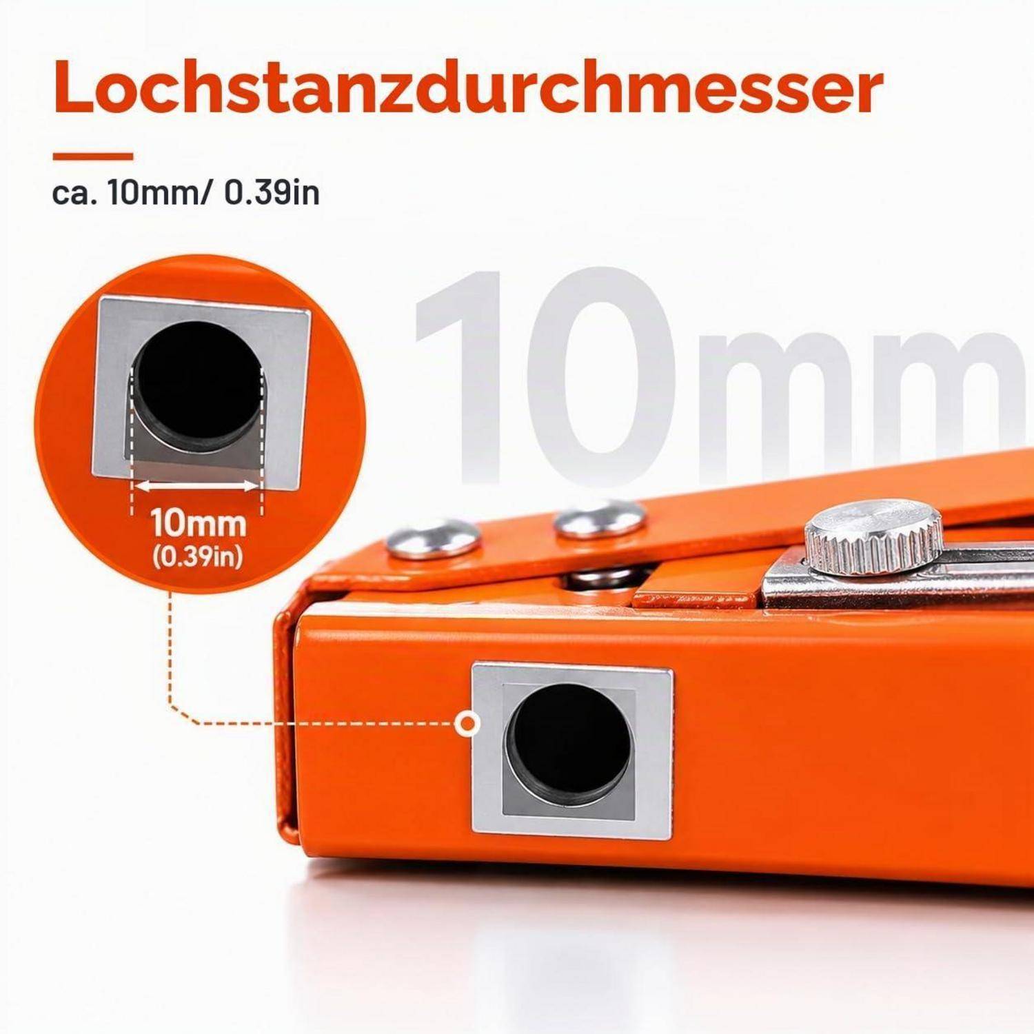 Nahaufnahme eines orangefarbenen Lochers mit einem Stanzendurchmesser von 10 mm / 0,39 Zoll, beschriftet mit „Lochstanzdurchmesser