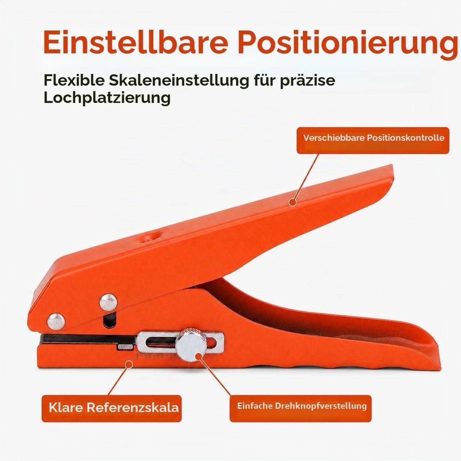Orangefarbenes verstellbares Locheisen-Werkzeug mit gekennzeichneten Merkmalen: verstellbare Positionskontrolle, klare Referenzskala und einfache Knopfverstellung für präzise Lochanordnung.