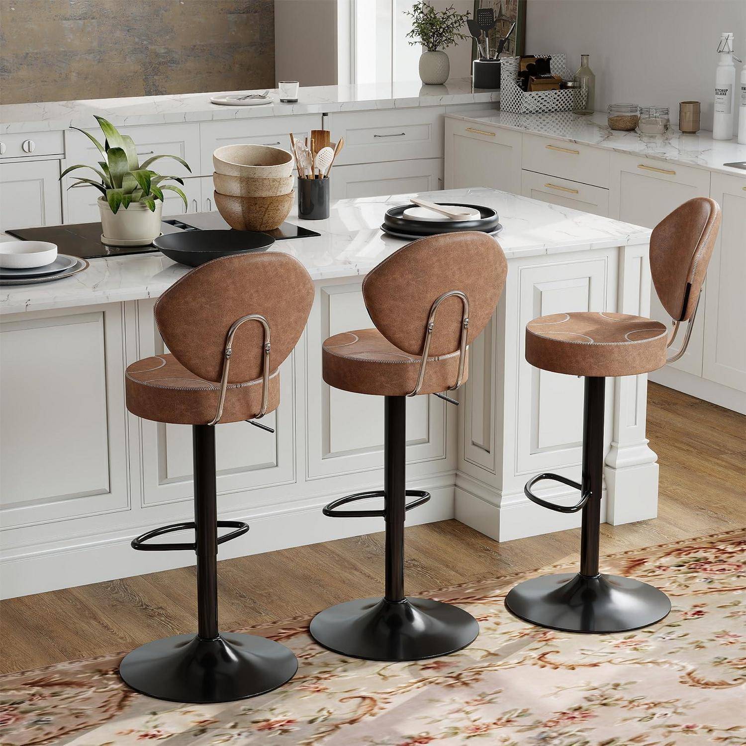 Youhauchair Barhocker 3er Set, 360 drehbare Barhocker mit Rückenlehne, Höhenverstellbarer Küchenhocker aus Kunstleder, Mid-Century-Vintage Bar Stoo