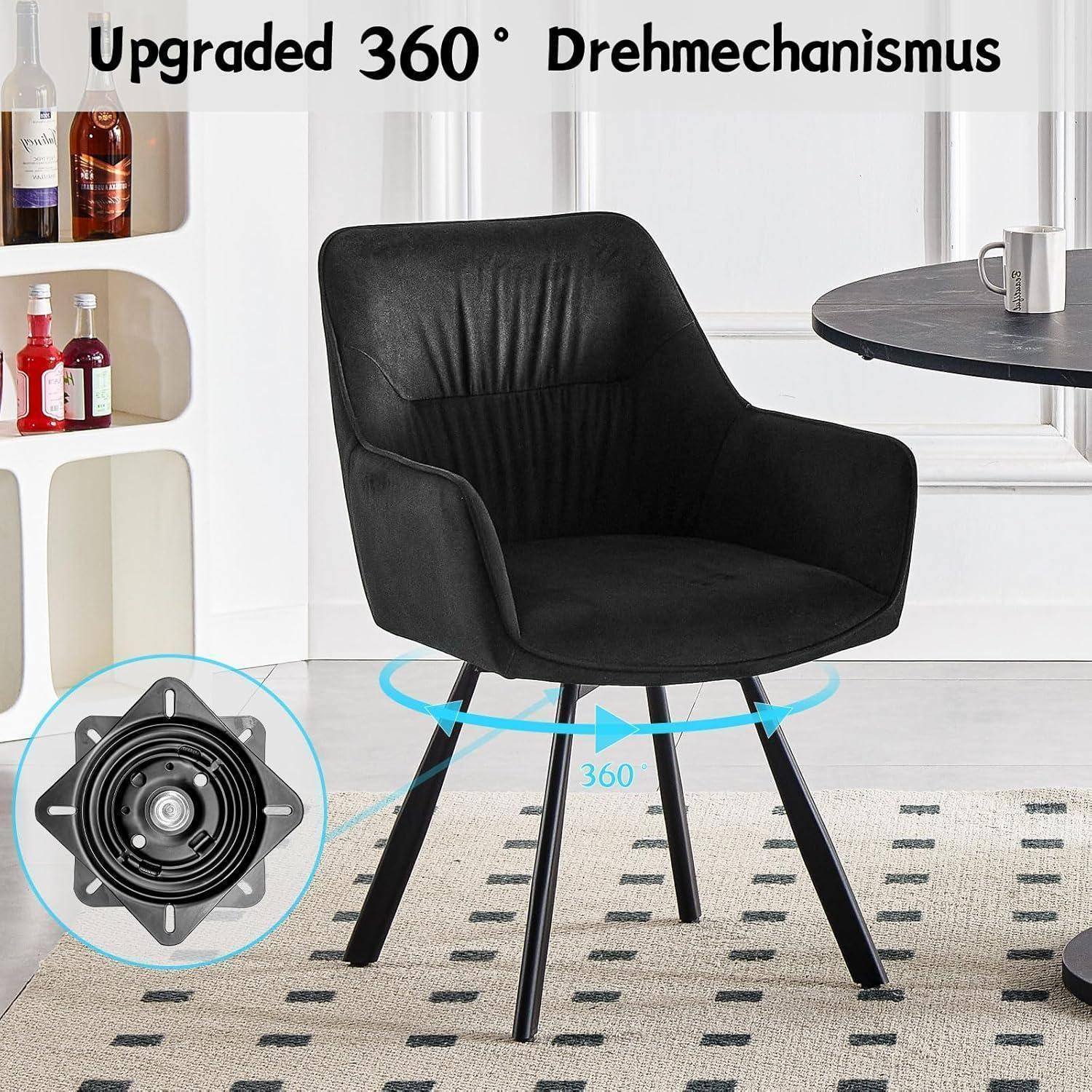 Schwarzer gepolsterter Stuhl mit dem Text „Upgraded 360° Drehmechanismus