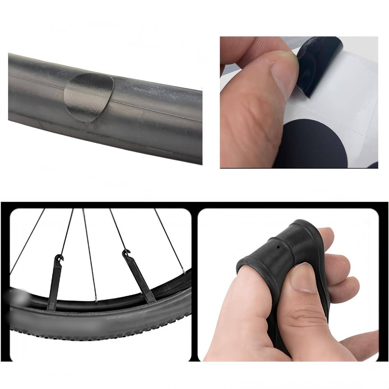 Collage mit einem schwarzen Fahrrad-Flickset für Schläuche: aufgebrachter Flicken auf dem Schlauch, Schutzfolie des selbstklebenden Klebers wird entfernt, und ein fingerloser Reifenbootflicken um eine Hand gewickelt.