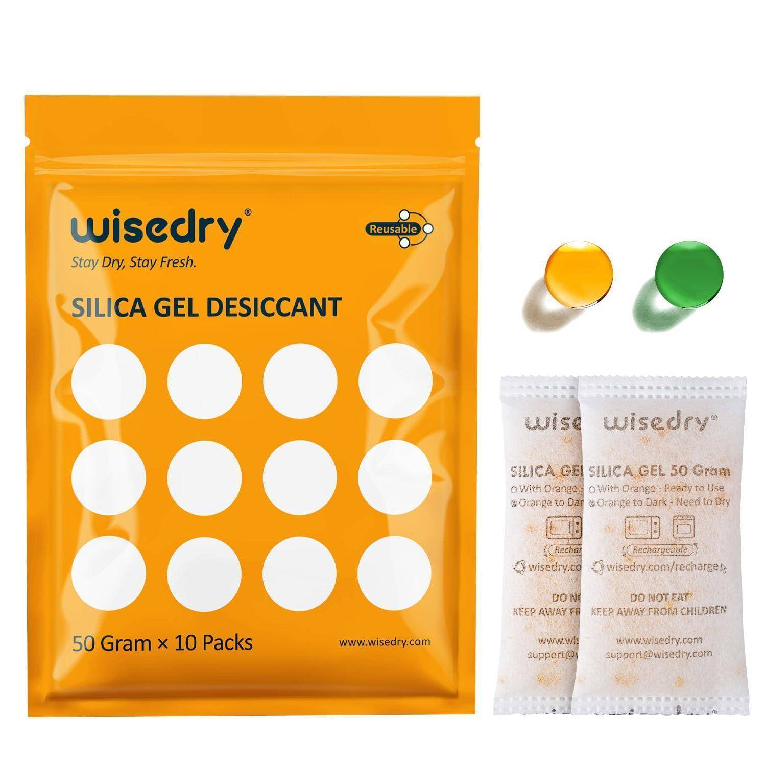 Produktabbildung von Wisedry wiederverwendbaren Silicagel-Trockenmittelbeuteln, die eine orange 50-Gramm-10er-Packung und zwei einzelne Beutel mit orangen und grünen Indikatorkügelchen zeigen.