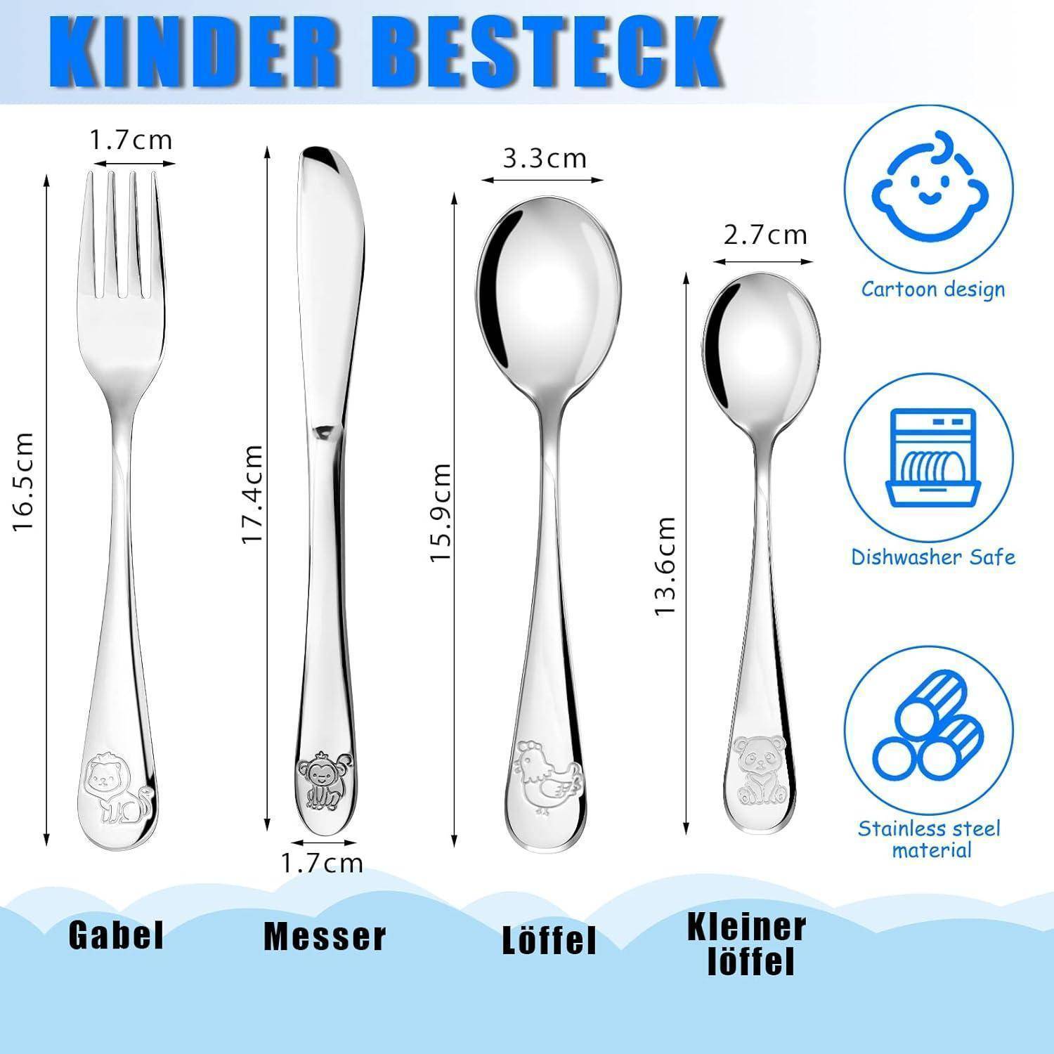 Doubles Kinderbesteck Set 4-teilig, Edelstahl Tiere Kinderbesteck ab 3 Jahre Spülmaschinengeeignet Individualisiert Taufgeschenke Besteck Kinder für