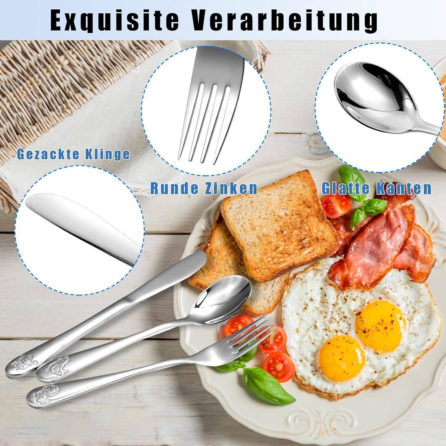 Doubles Kinderbesteck Set 4-teilig, Edelstahl Tiere Kinderbesteck ab 3 Jahre Spülmaschinengeeignet Individualisiert Taufgeschenke Besteck Kinder für