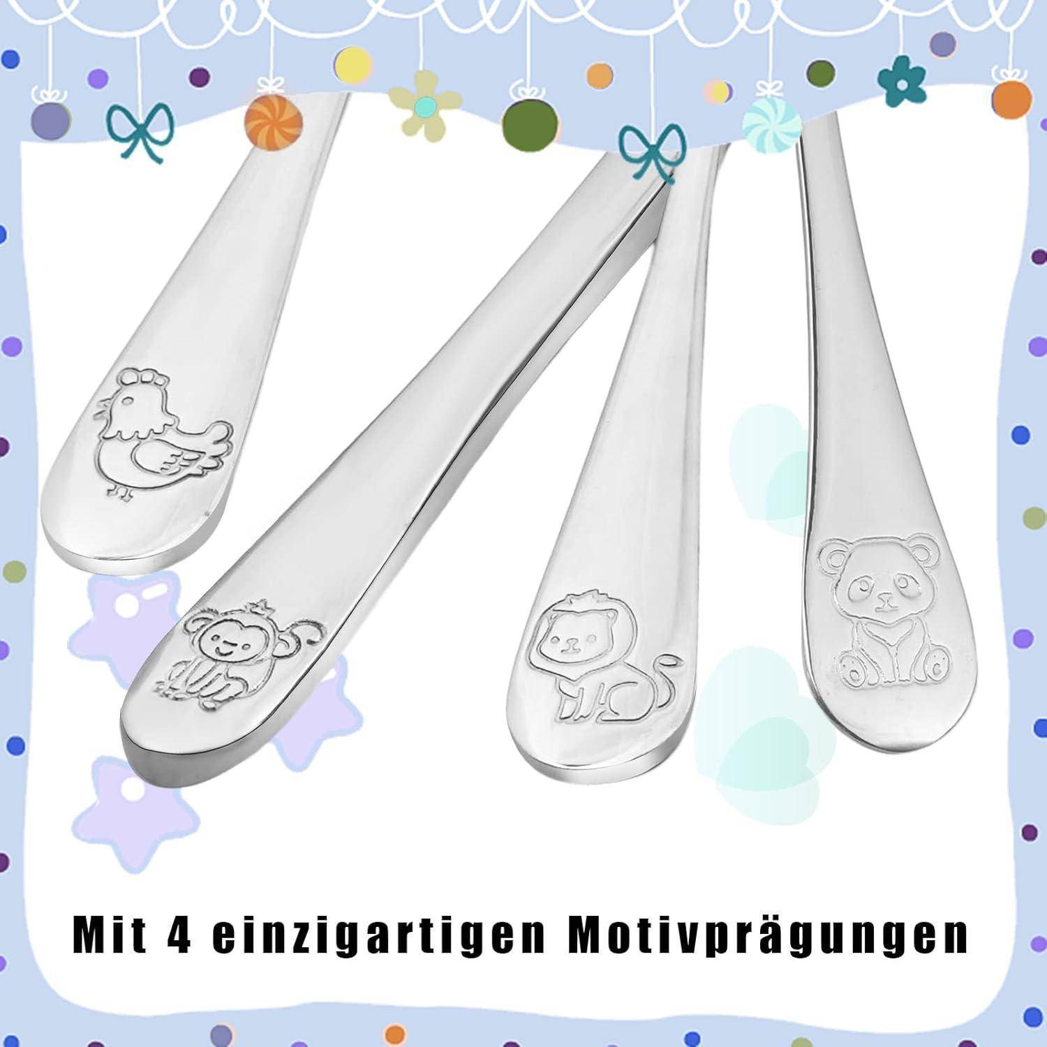 Doubles Kinderbesteck Set 4-teilig, Edelstahl Tiere Kinderbesteck ab 3 Jahre Spülmaschinengeeignet Individualisiert Taufgeschenke Besteck Kinder für