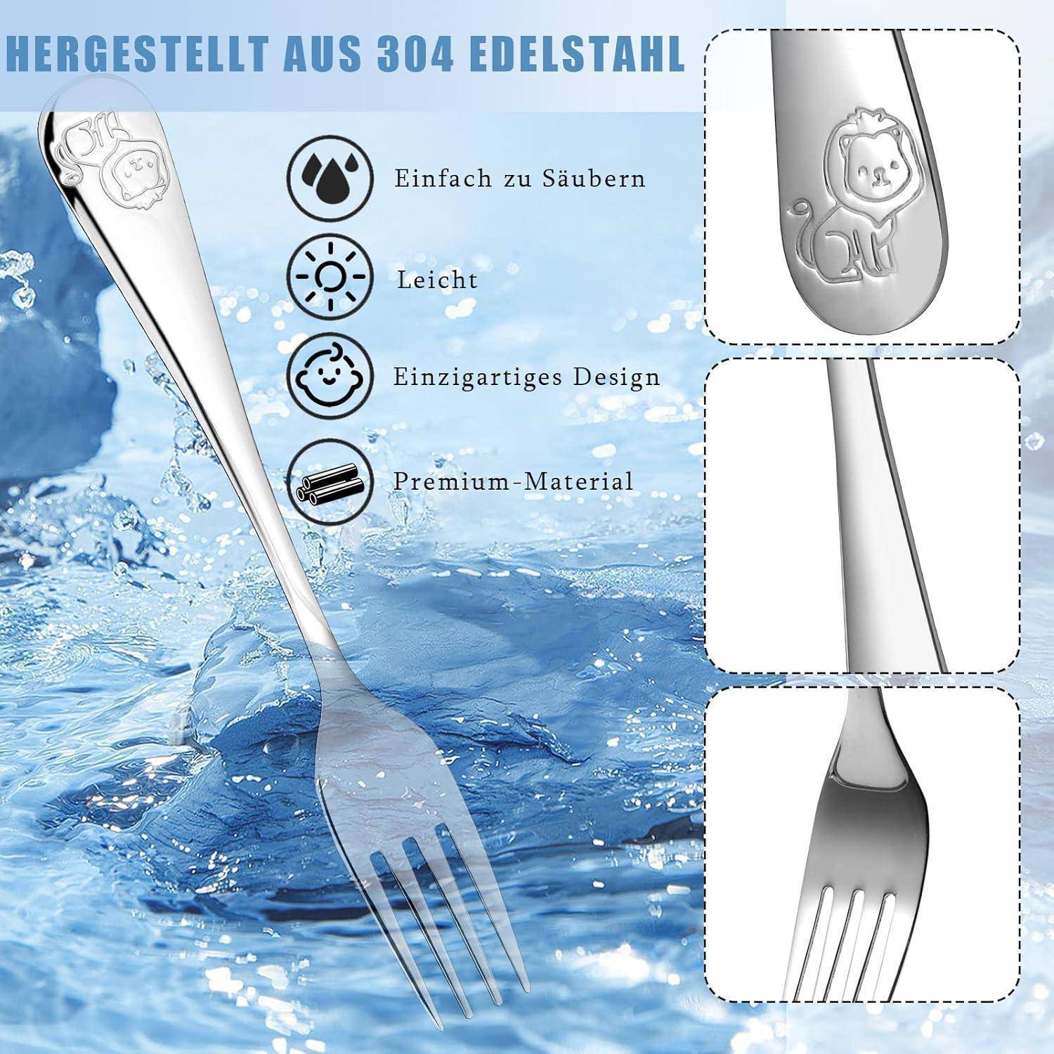 Doubles Kinderbesteck Set 4-teilig, Edelstahl Tiere Kinderbesteck ab 3 Jahre Spülmaschinengeeignet Individualisiert Taufgeschenke Besteck Kinder für