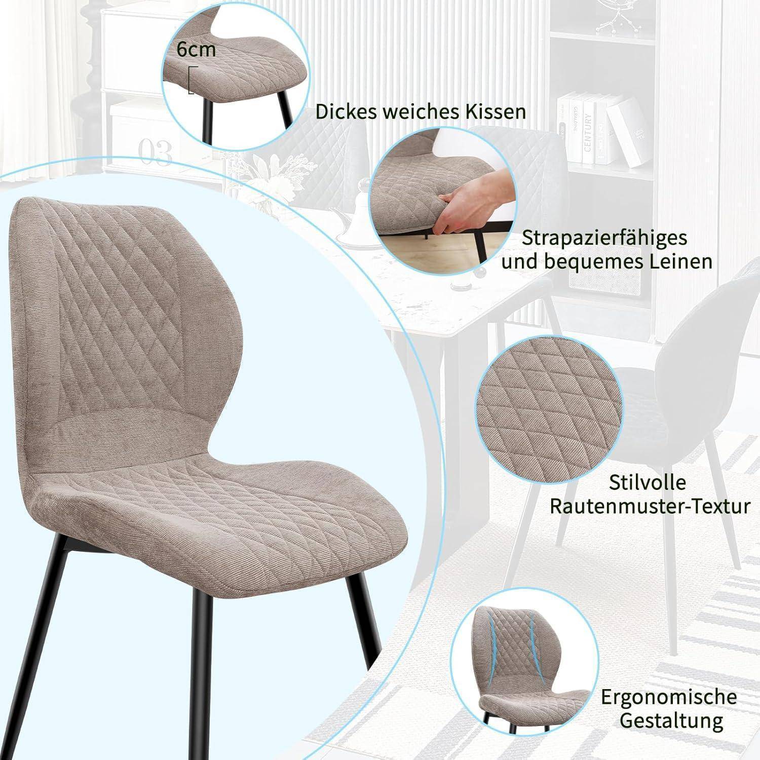 Esszimmerstühle 6er Set, Stühle Esszimmer, Küchenstühle, Wohnzimmer Essstühle, Gepolsterte Stühle, Ergonomisch Gestaltete Leinenstühle für Ess