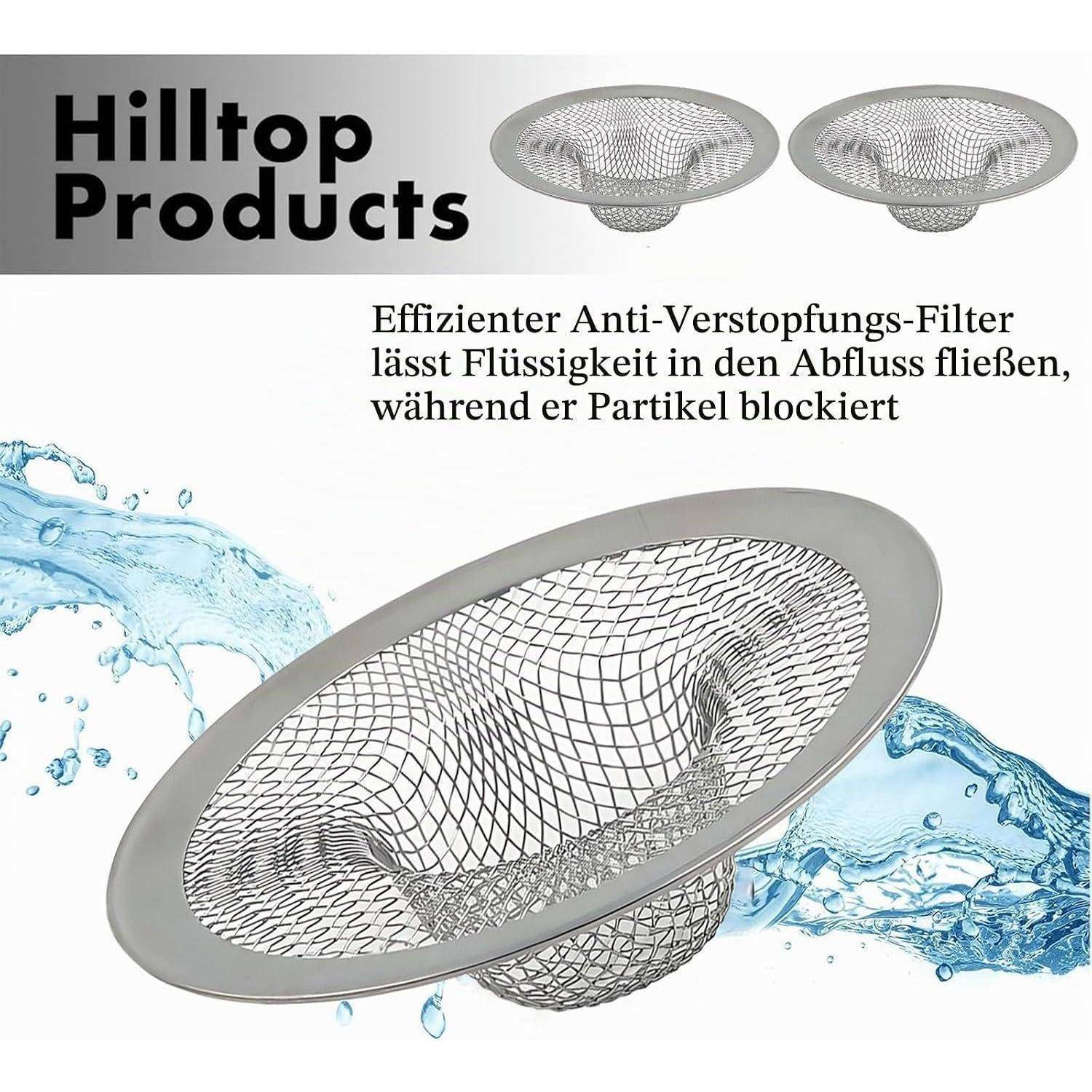 Hilltop Products Anti-Verstopfungs-Ablauffilterkorb, dargestellt mit Wasser, das durchfließt, und Schmutz, der blockiert wird; deutscher Text bewirbt eine effiziente Verstopfungsprävention.