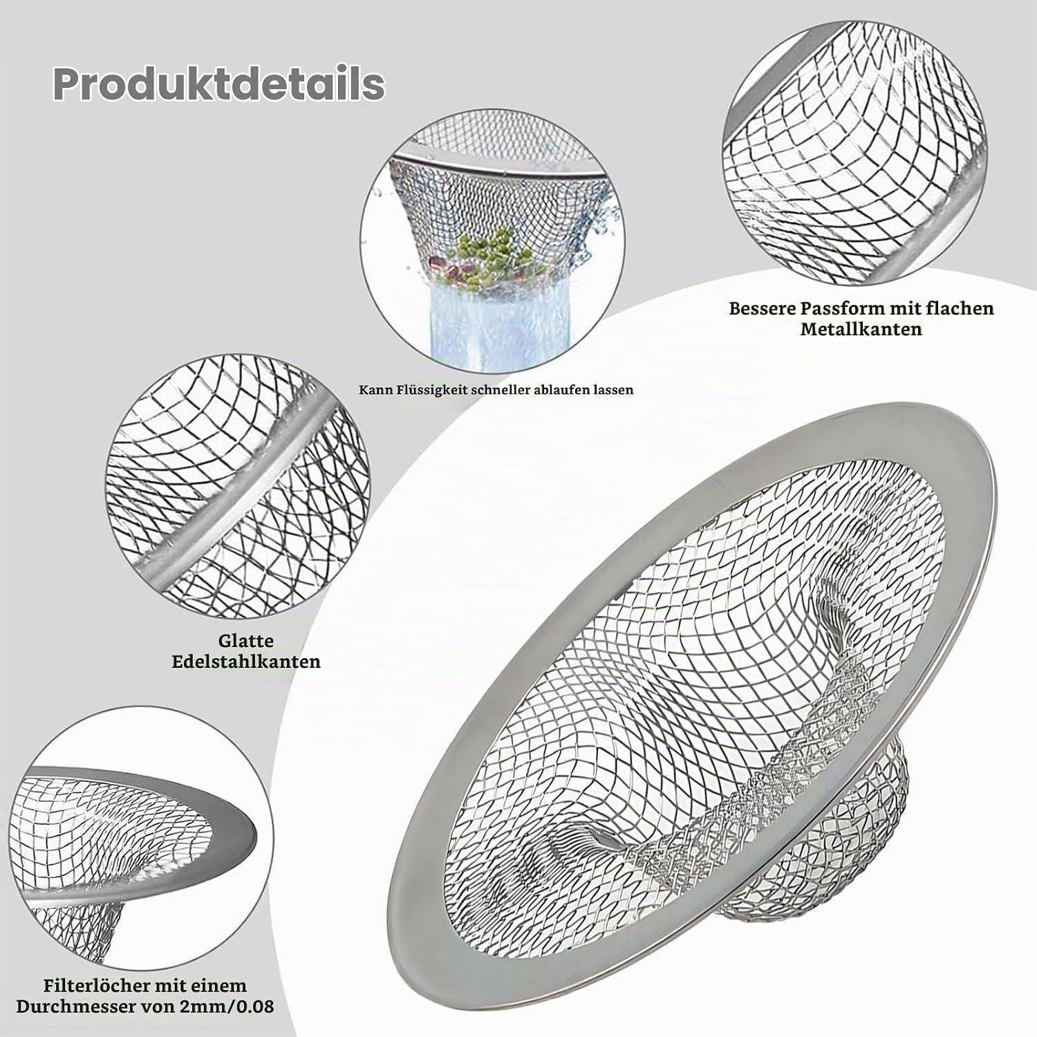 Produktdetails-Infografik eines Metallnetz-Siebs mit Hervorhebung von flachen Metallkanten für besseren Sitz, glatte Edelstahlkanten, 2-mm-Filterlöcher und schnellere Flüssigkeitsentwässerung.