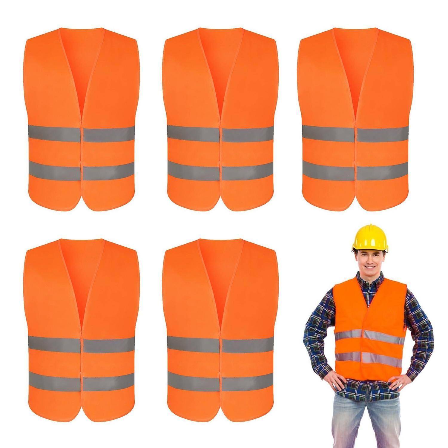 Fünf orange reflektierende Sicherheitswesten, die auf weißem Hintergrund angezeigt werden, wobei eine Weste von einem Mann mit Schutzhelm getragen wird.