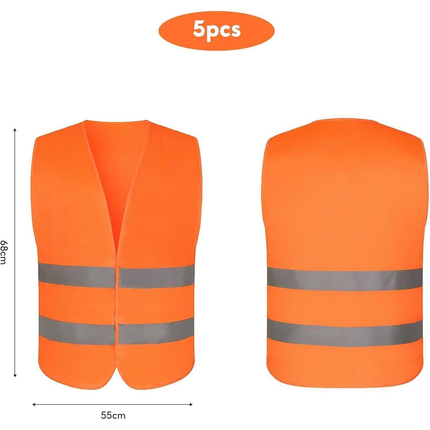 Orange Sicherheitsweste mit hoher Sichtbarkeit im 5er-Set, von vorne und hinten gezeigt, mit reflektierenden Streifen und Abmessungen von 68 cm × 55 cm.