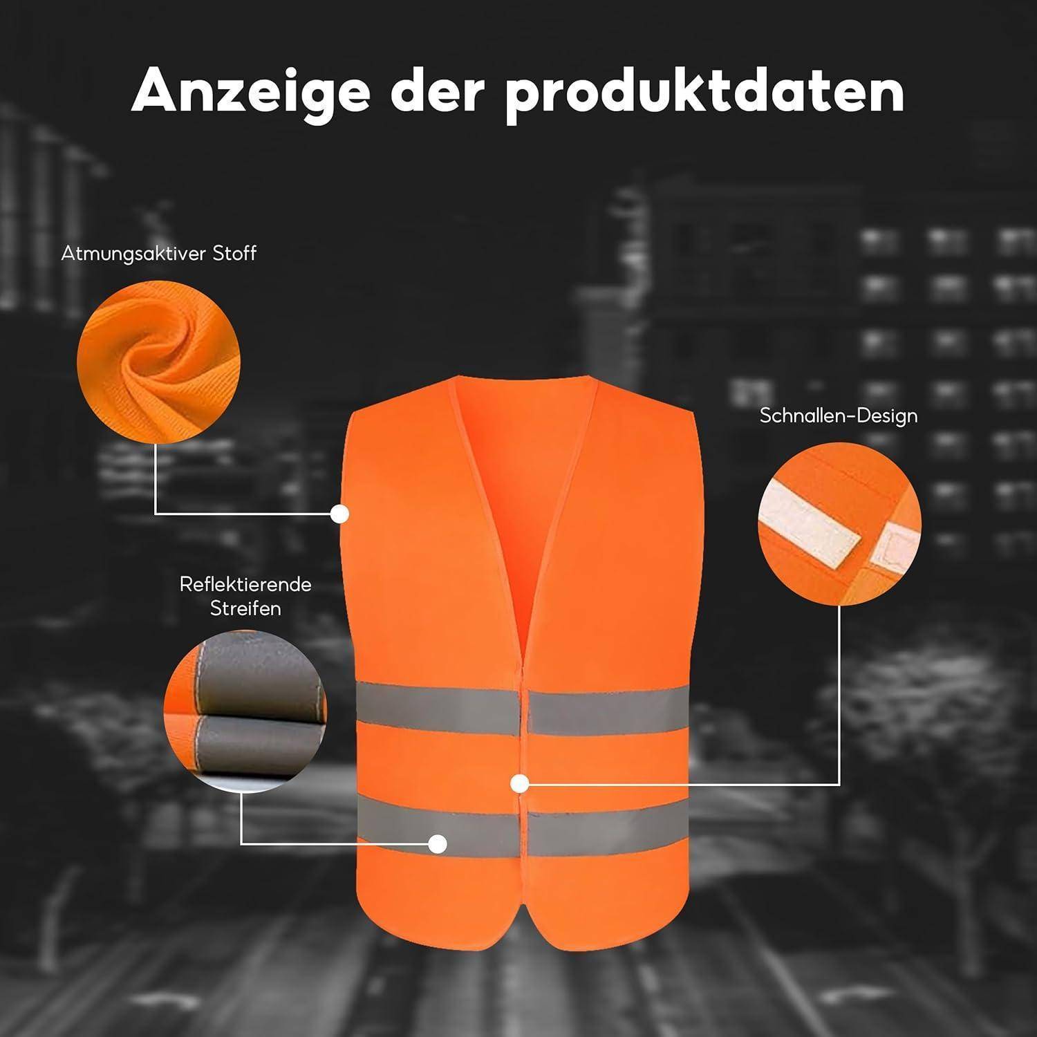 Orangefarbene reflektierende Sicherheitsweste mit Frontverschluss in der Produktdatenanzeige dargestellt; Beschriftungen kennzeichnen atmungsaktives Gewebe, reflektierende Streifen und Schnallendesign.