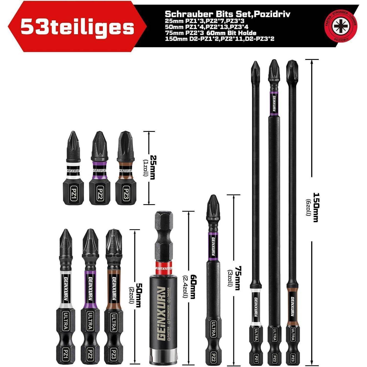 53-teiliges Pozidriv-Schraubendreherbit-Set mit mehreren Bitgrößen und Haltern mit gekennzeichneten Längen von 25 mm bis 150 mm.