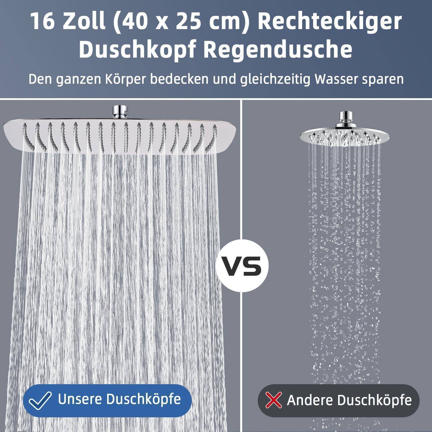 Vergleichsanzeige mit einem 16-Zoll-rechteckigen Regenduschkopf, der den Körper bedeckt und Wasser spart, im Vergleich zu einem kleinen Duschkopf, mit 