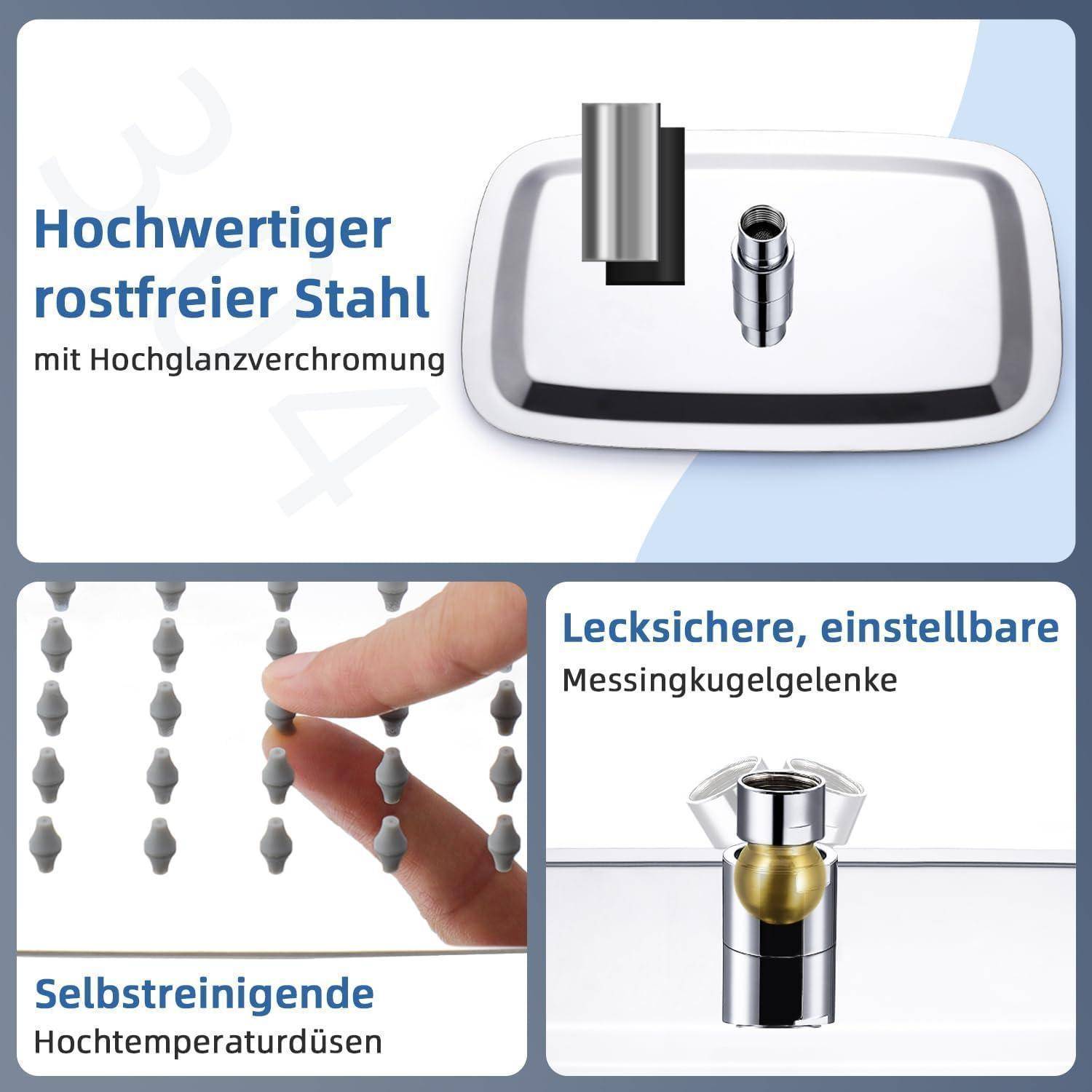Verbundproduktanzeige mit einem Edelstahl-Duschkopf, verstellbaren auslaufsicheren Messingkugelgelenken und selbstreinigenden Hochtemperatur-Düsen mit deutschen Beschriftungen.