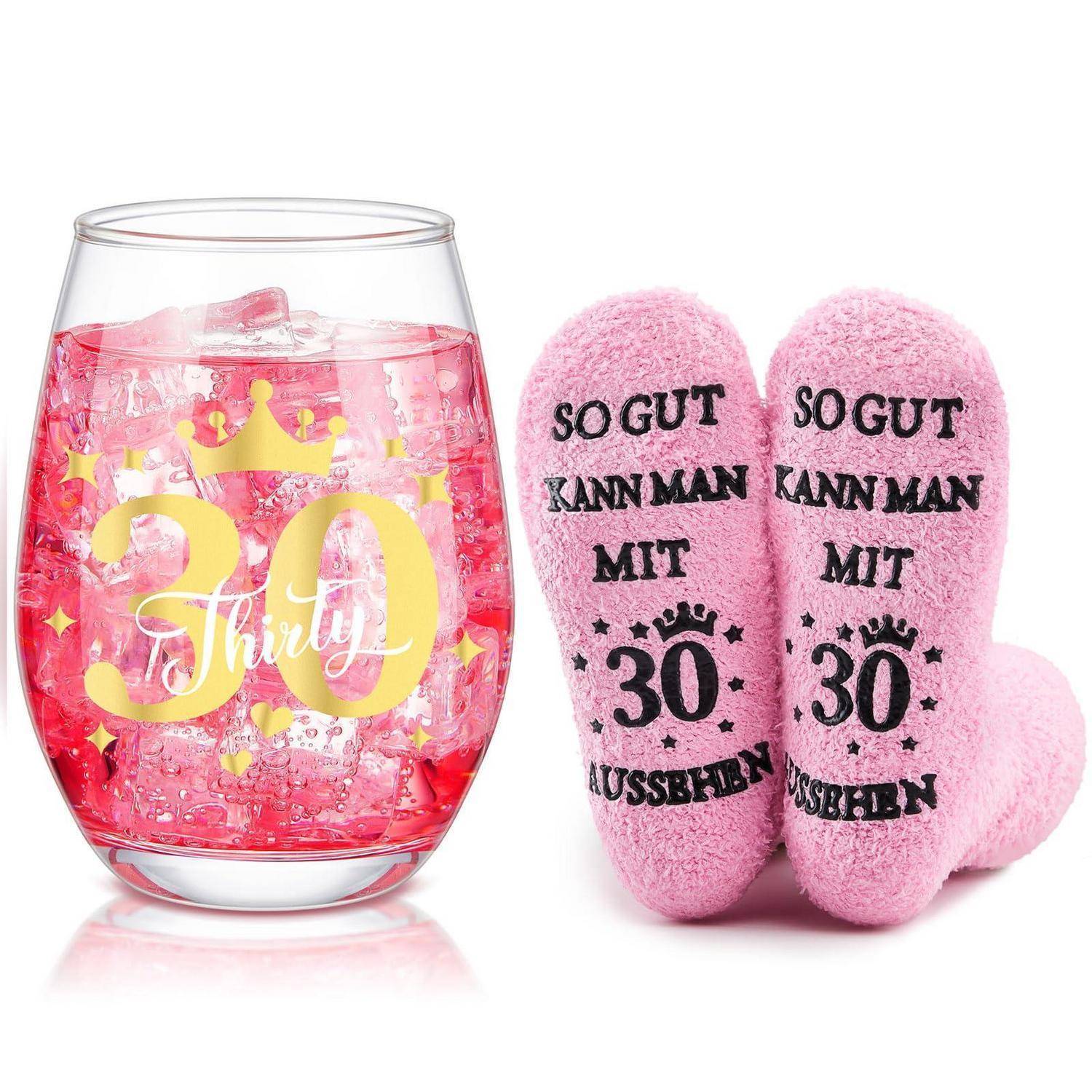 Geschenkset mit einem rosa Tumbler mit der Aufschrift „30