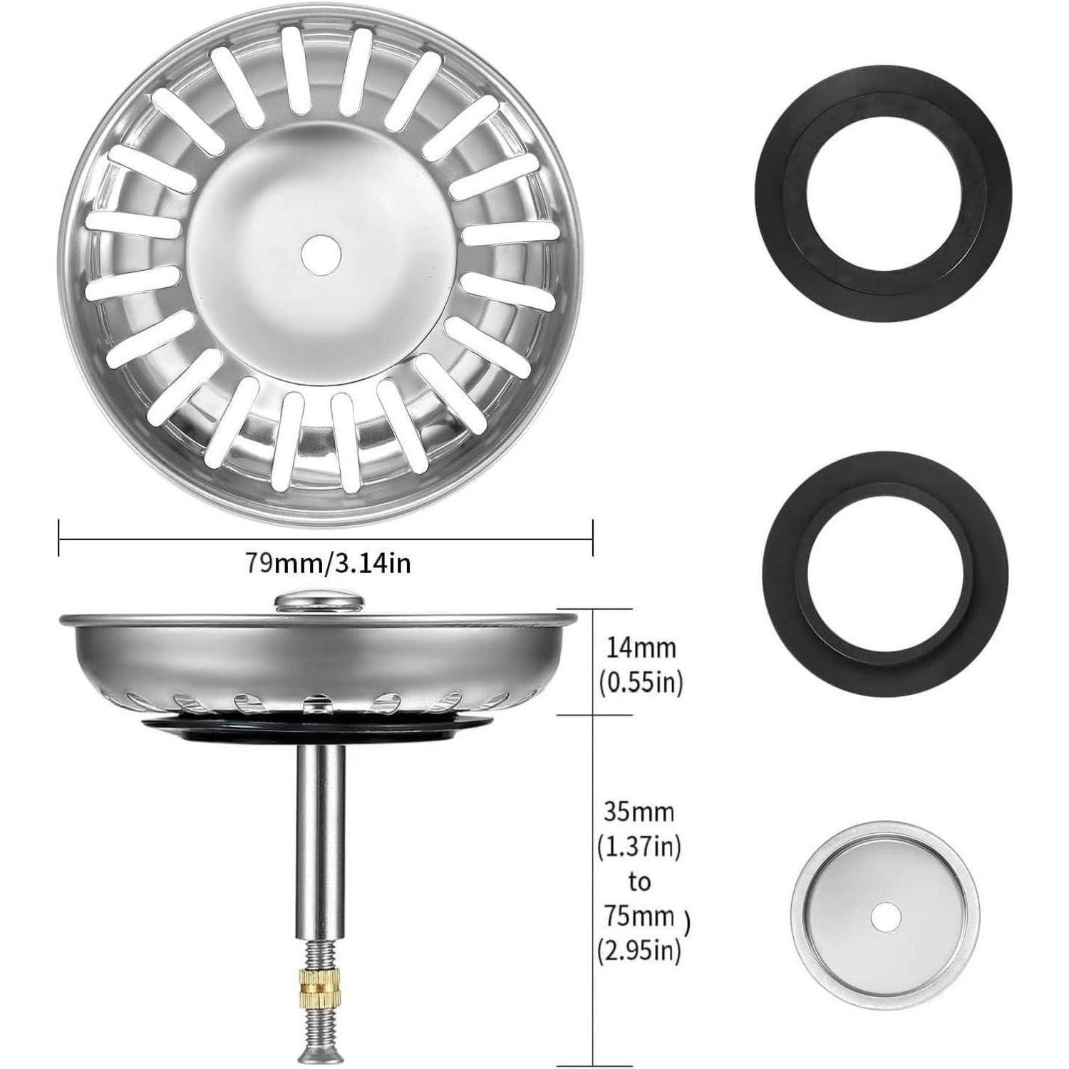 Diagramm eines Spülbeckensiebs und Stöpselsatzes mit Draufsicht, Seitenansicht und Ringteilen mit Abmessungen: 79 mm Durchmesser, 14 mm Tiefe, 35–75 mm Höhe.