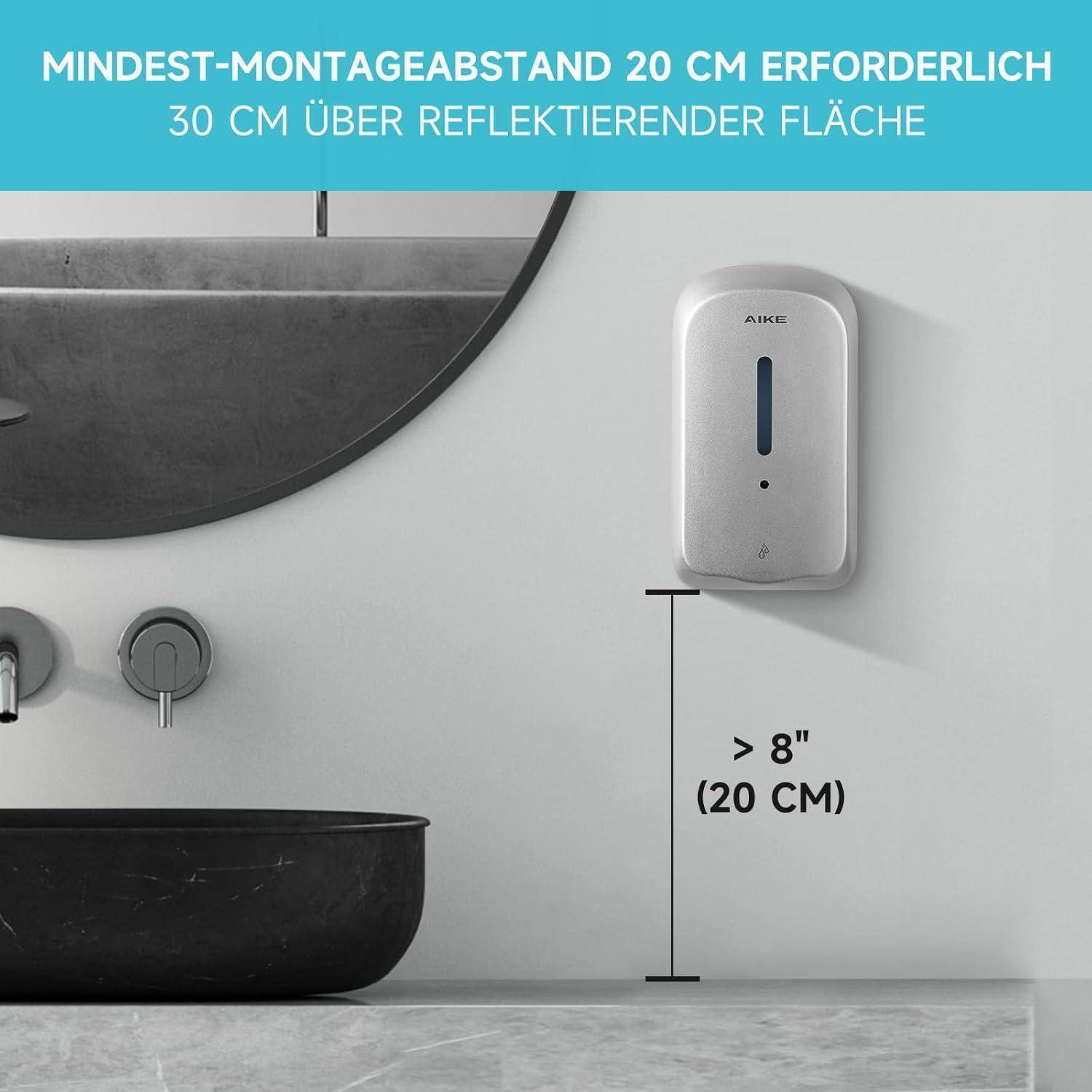 Badezimmerwaschbecken-Setup mit einem wandmontierten Seifenspender; Text besagt, dass mindestens 20 cm erforderlich sind und 30 cm über reflektierender Oberfläche, mit 8 Zoll (20 cm) markiert.