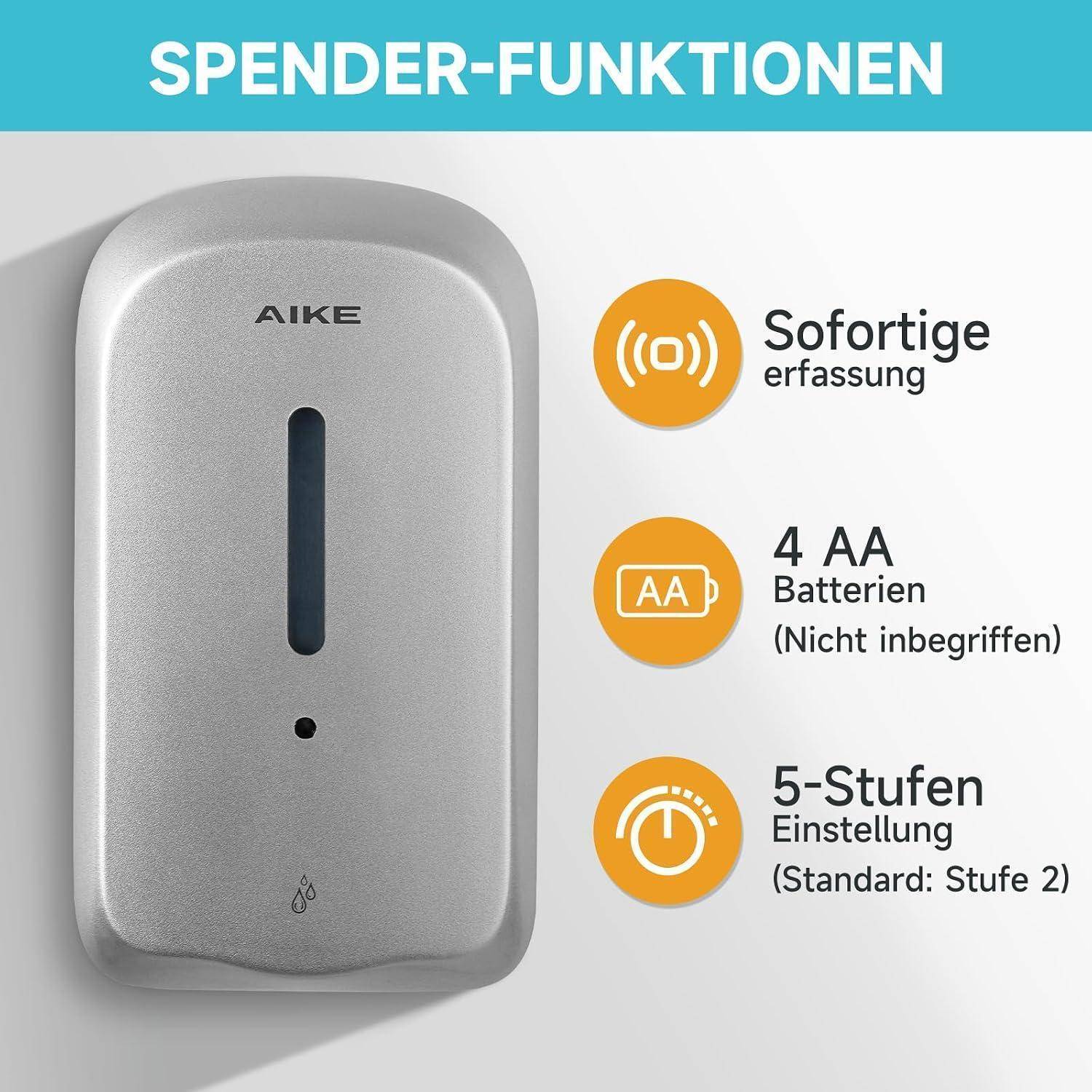 AIKE Seifenspender mit „Spender-Funktionen": sofortige Erkennung, 4 AA-Batterien nicht enthalten, und 5-stufige Einstellung mit Standardstufe 2.