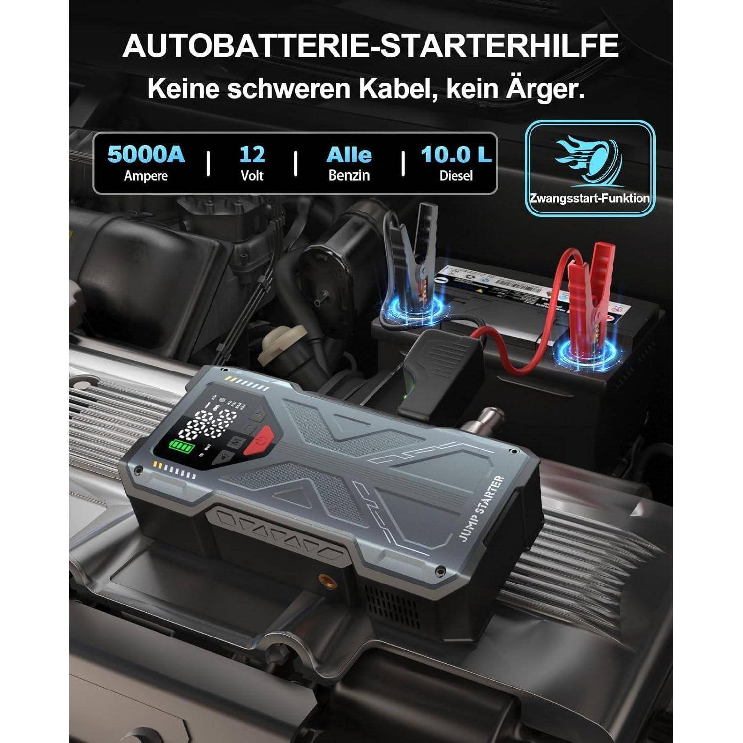 Upgrade Starthilfe Powerbank für PKW mit Kompressor 150PSI, 5000A Starter Powerbank Auto Starthilfe Powerbank, Jumpstarter 12V Batterie Booster