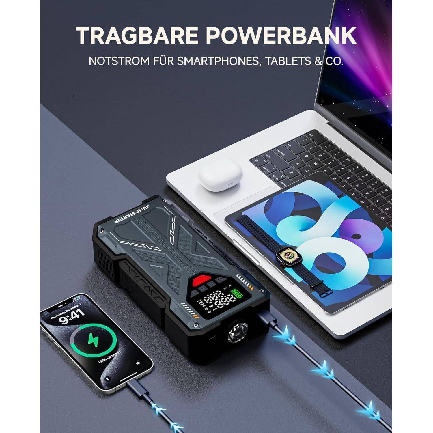Eine robuste Powerbank lädt ein Smartphone und einen Laptop auf, mit deutschem Text, der 