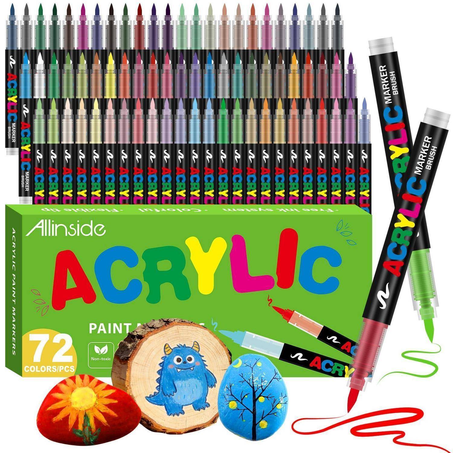 Allinside Acrylstifte für Steine Wasserfest, 72 Farben Acrylmarker mit 1-5mm Pinselspitze Acrylstifte Wasserfest für Stein, Glas, Stoff, Holz & Lein