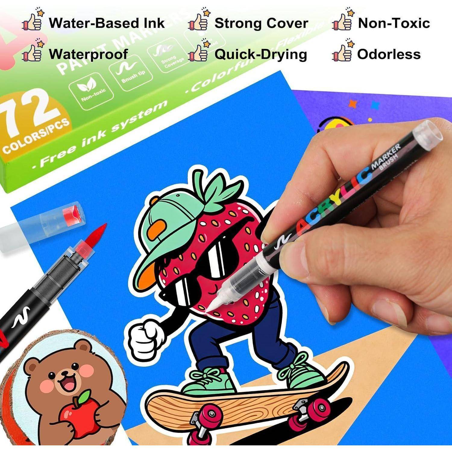Allinside Acrylstifte für Steine Wasserfest, 72 Farben Acrylmarker mit 1-5mm Pinselspitze Acrylstifte Wasserfest für Stein, Glas, Stoff, Holz & Lein