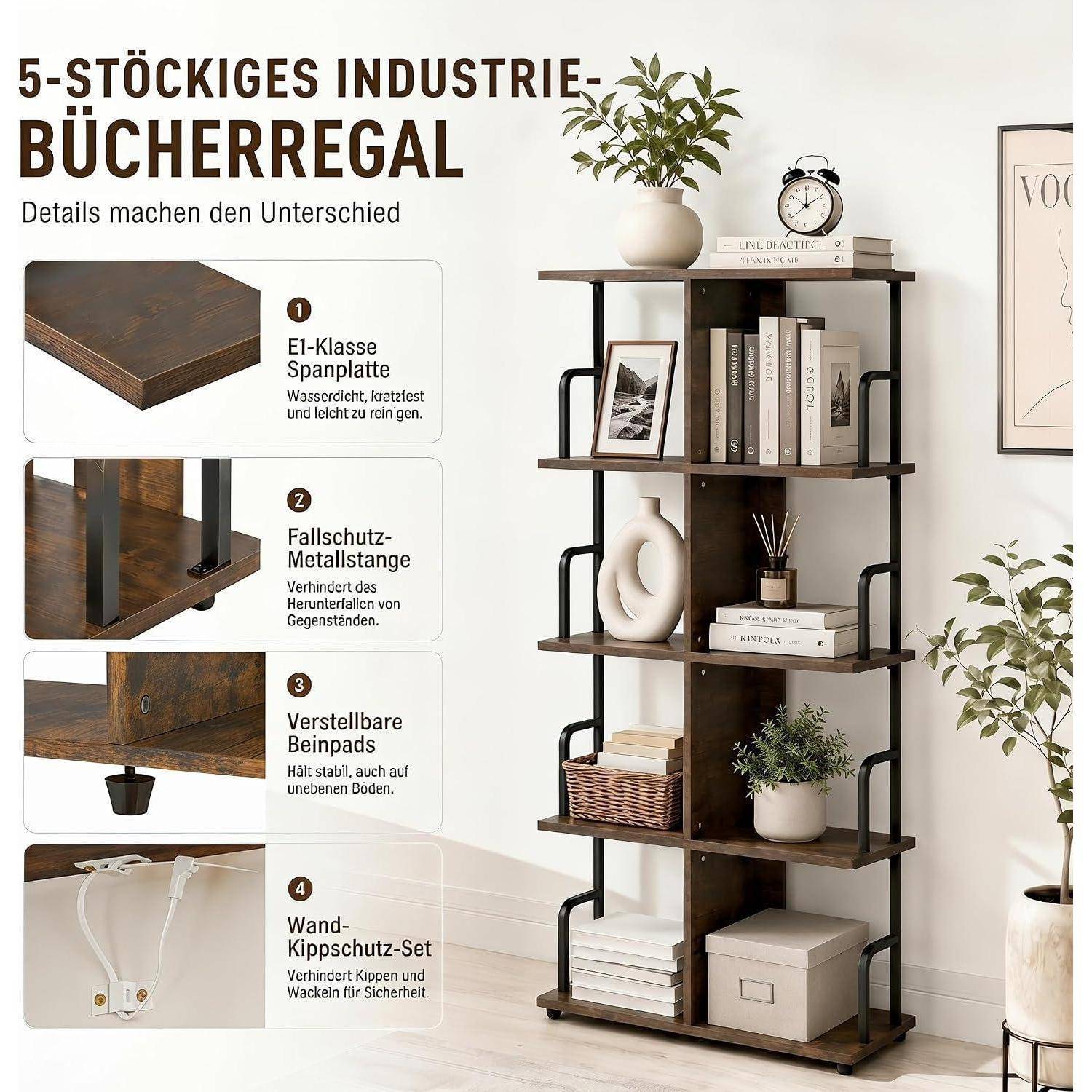 Fünfstufiges Industrie-Bücherregal mit Holzregalen und schwarzem Rahmen, gekennzeichnet mit Merkmalen: konstruiertes Holz, Anti-Kipp-Metallstreben, verstellbare Füße und Wand-Anti-Kipp-Set.