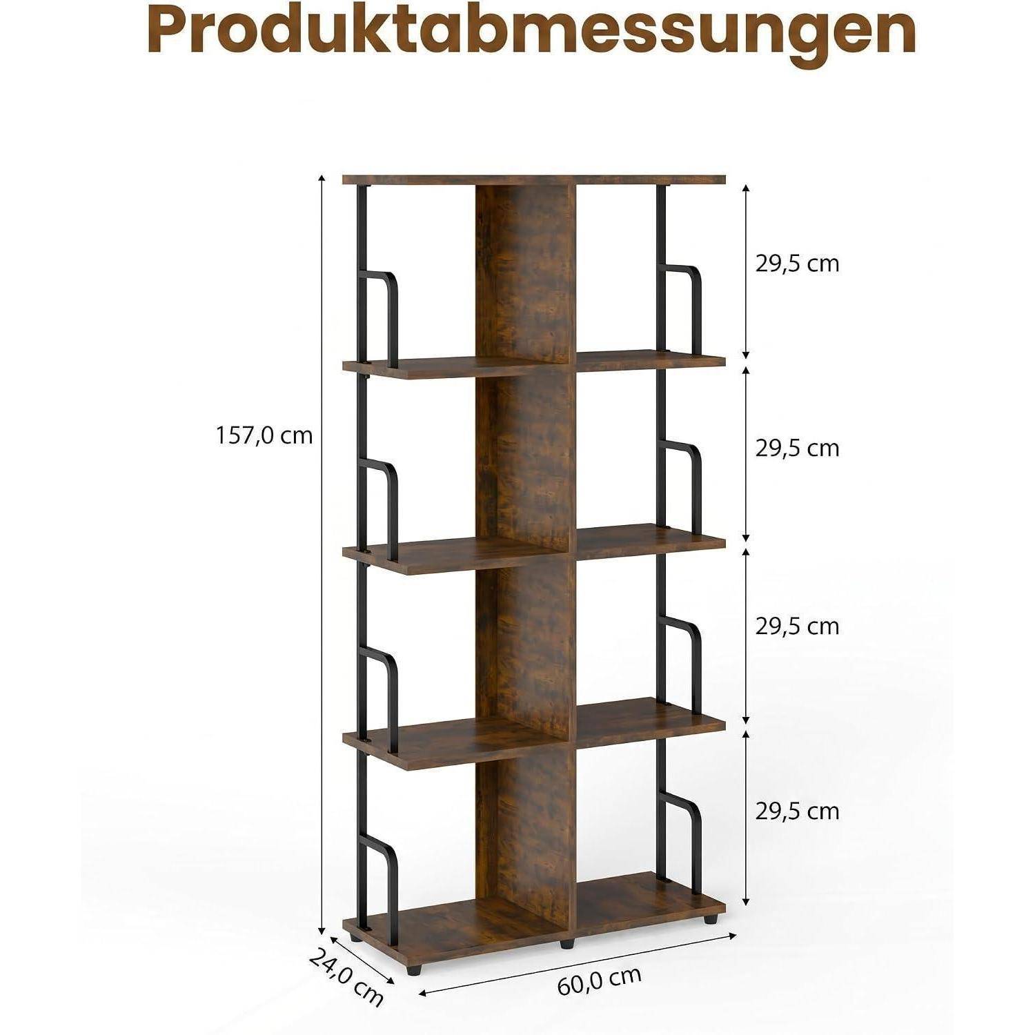 Produktdimensionsdiagramm für ein hohes braun-schwarzes Regal: 157,0 cm hoch, 60,0 cm breit, 24,0 cm tief, mit vier Regalbereichen à je 29,5 cm.
