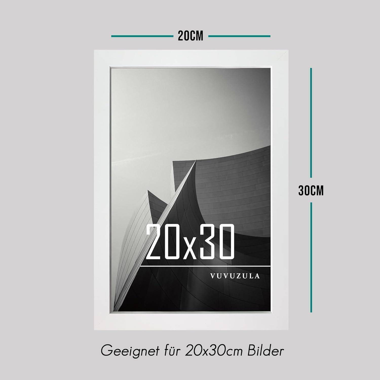 Produktabbildung eines weißen Bilderrahmens mit der Bezeichnung 20x30, mit den Abmessungen 20CM Breite und 30CM Höhe, und deutschem Text „Geeignet für 20x30cm Bilder