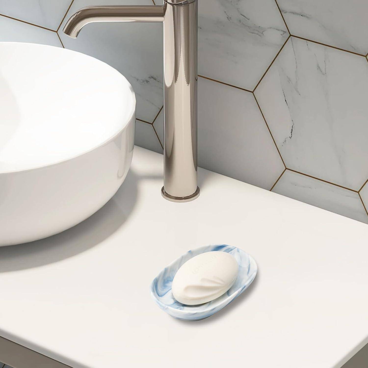 Seifenschale Keramik, Anti-Rutsch Seifenschale Marmor, Seifenablage Waschbecken, Seifenhalter, Seifenteller für Badezimmer, Dusche und Küche (Blau)