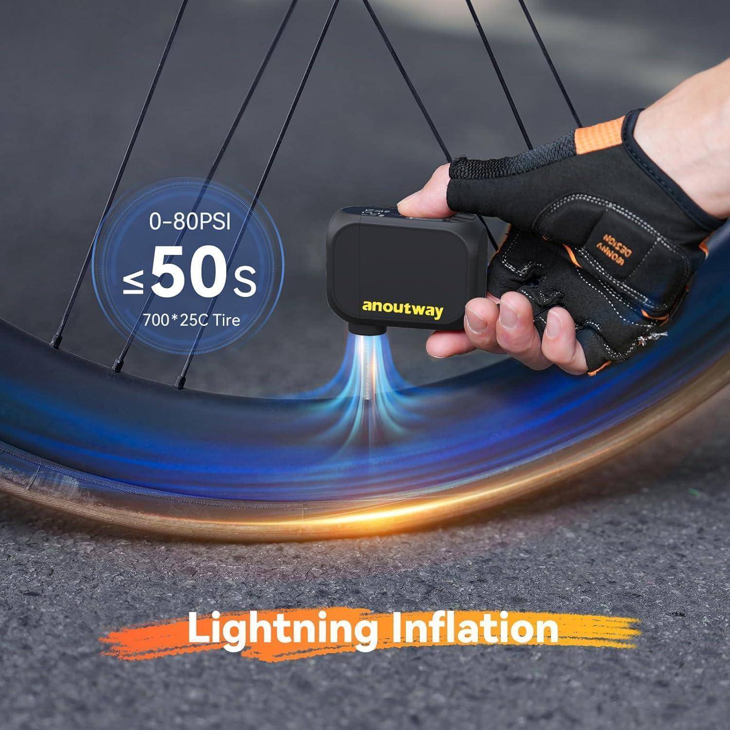 Tragbarer Anoutway-Reifenaufpumper pumpt schnell einen Fahrradreifen auf; Text besagt 0-80 PSI, unter 50 Sekunden, 700*25C Reifen und Lightning Inflation.