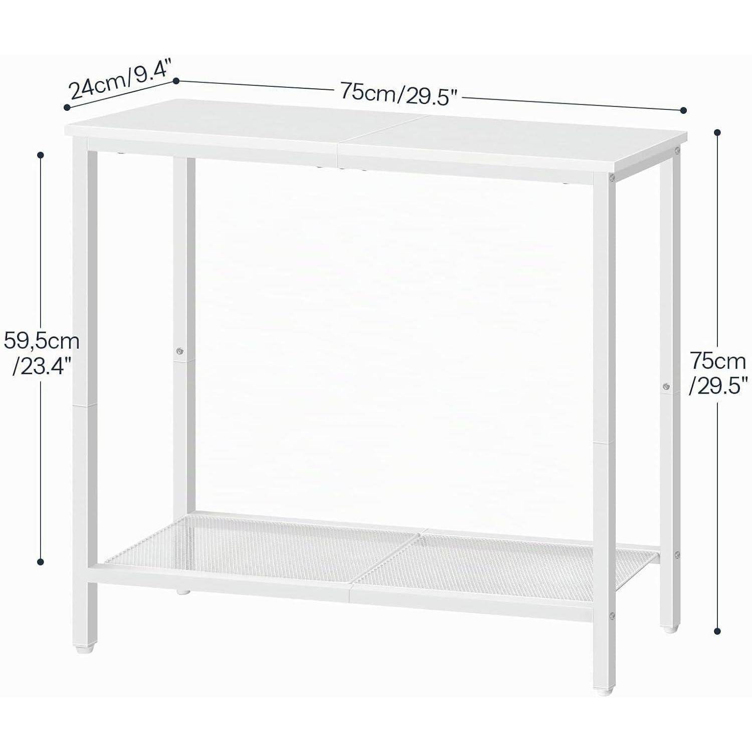 Konsolentisch aus Weiß metall mit unterer Gitterablage, gezeigt mit den Abmessungen 75 cm breit, 24 cm tief und 75 cm hoch; Ablageablage 59,5 cm hoch.