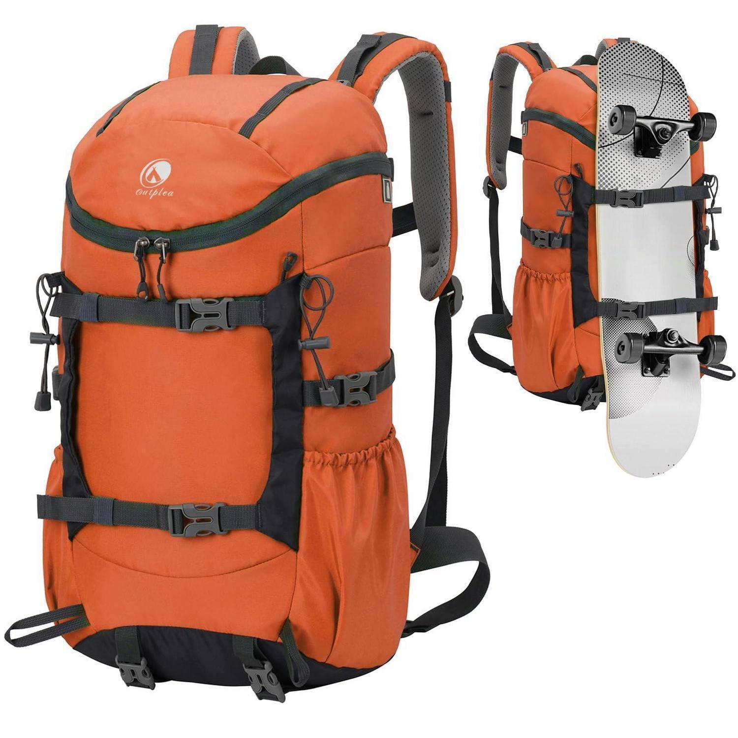 Orange Wander-Rucksack mit vorderen Riemen und eine Seitenansicht, die ein am Rücken befestigtes Snowboard zeigt