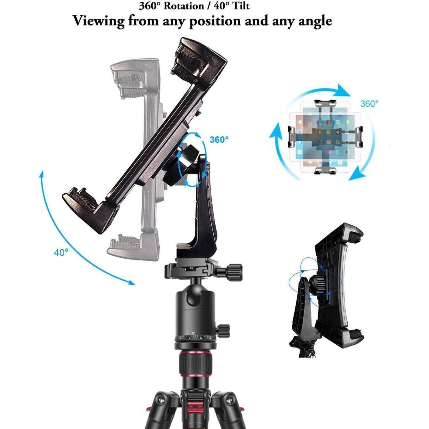 Produktabbildung einer Kamera-/Telefonhalterung mit 360°-Rotation und 40°-Neigung für die Betrachtung aus jeder Position und jedem Winkel.