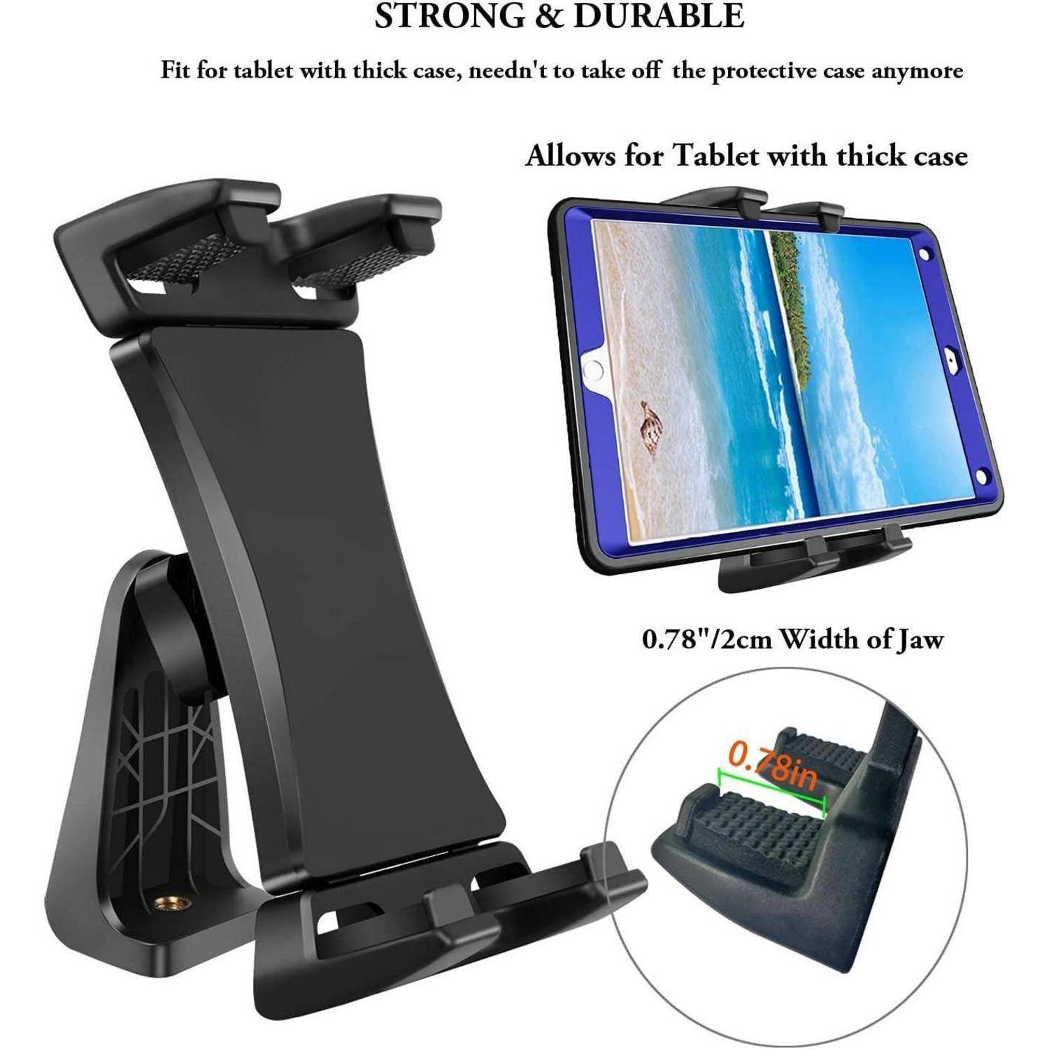 Tablet-Halterung mit Klemme, entwickelt für dicke Schutzhüllen, wird hier mit einem Tablet gezeigt; der Text hebt „Stark und Langlebig" sowie eine Backenbreite von 0,78 Zoll / 2 cm hervor.