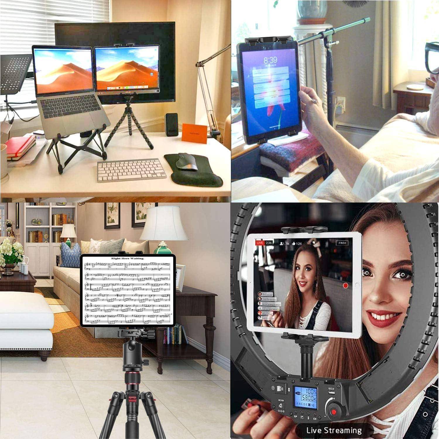 Collage eines Tablets auf einem Stativ, das für Live-Streaming und Videokonferenzen in einem Homeoffice und Wohnzimmer verwendet wird und Remote-Work- und Aufnahmegeräte zeigt.