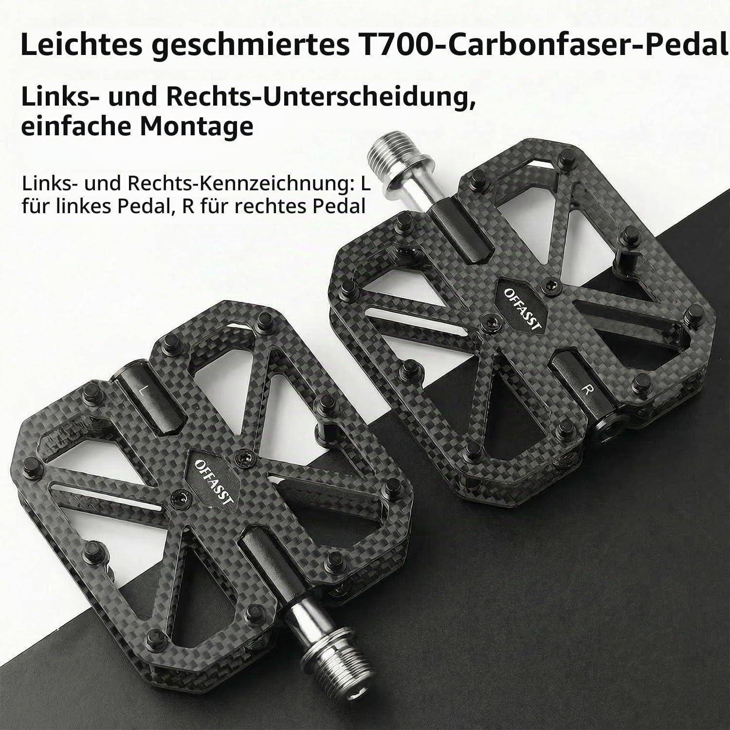 Zwei Kohlefaser-Fahrradpedale mit den Bezeichnungen L und R, dargestellt mit deutschem Text, der die Links-Rechts-Kennzeichnung und die einfache Montage erläutert.
