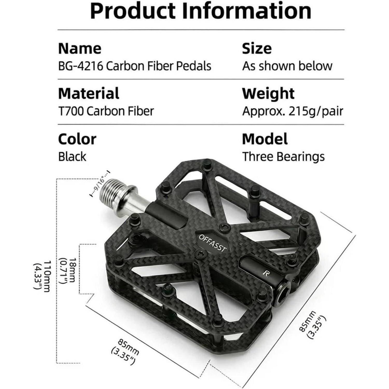 Produktinformationen für BG-4216 Kohlefaser-Pedale: schwarze T700-Kohlefaser, drei Wälzlager, ca. 215g pro Paar, mit Größen- und Abmessungsdiagramm.