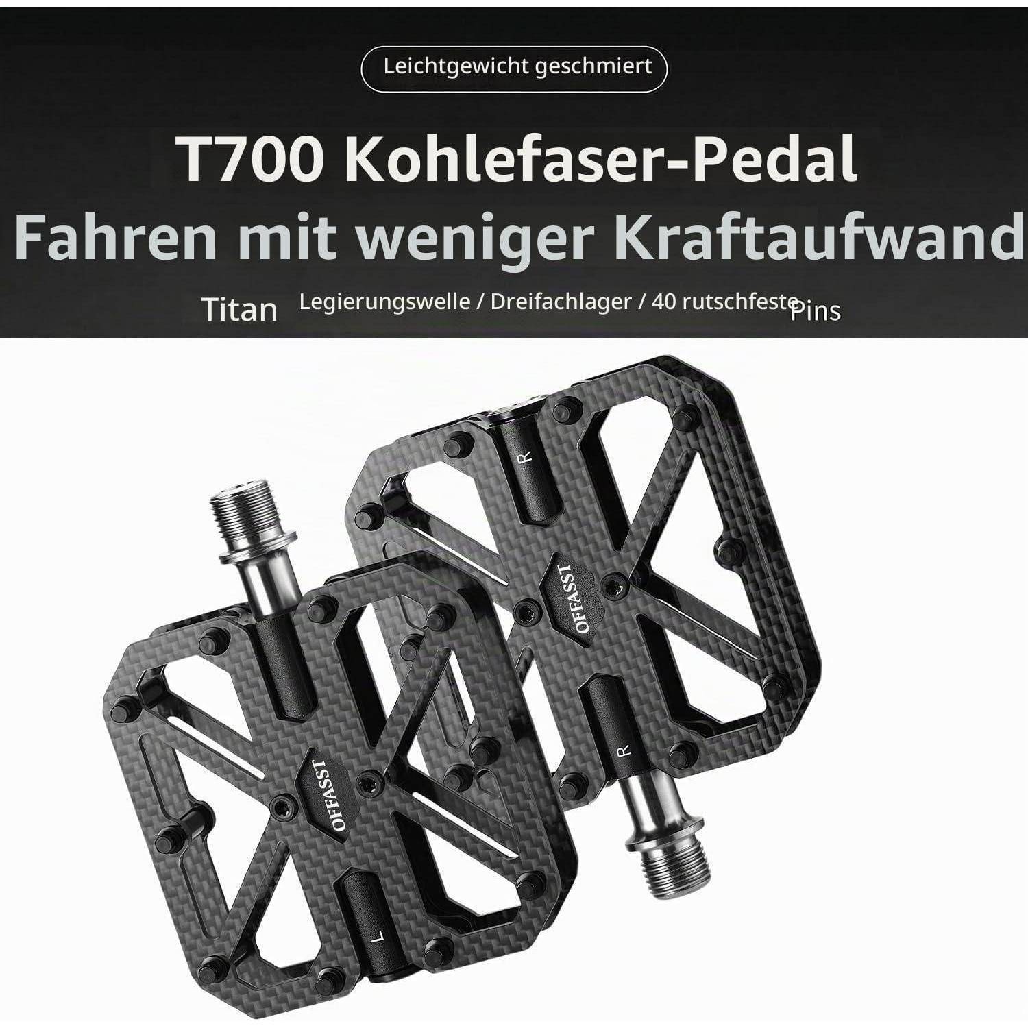 Produktbild von zwei Kohlefaser-Fahrradpedalen mit der Bezeichnung „T700 Kohlefaser-Pedal", das leichteres Treten mit Funktionen wie Titanium, Legierungsachse, Doppellagern und 40 Anti-Rutsch-Pins bewirbt.