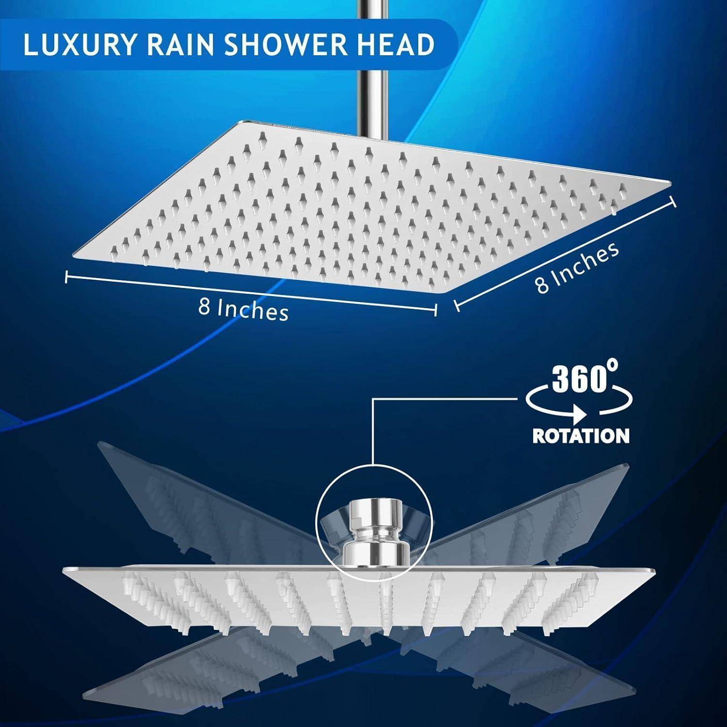 Quadratischer Luxus-Regenduschkopf mit Abmessungen von 8 Zoll x 8 Zoll und 360°-Rotation.