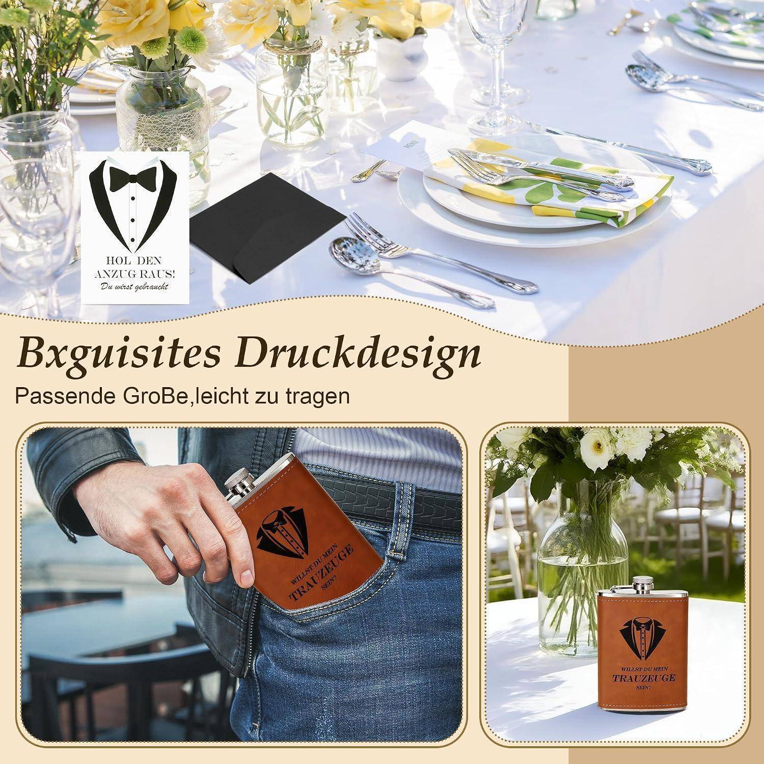 Werbekollage, die eine Leder-Taschenflasche mit gedrucktem Logo zeigt, in einer Hosentasche und auf einem Tisch bei einer formalen Veranstaltung mit Gedeck und Blumen.