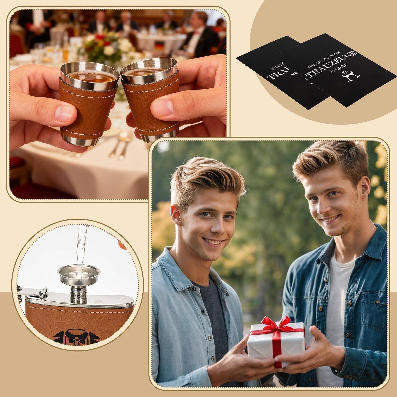 Collage mit lederummantelten Edelstahlbechern, schwarzen Geschenkkarten mit der Aufschrift „TRAVELER