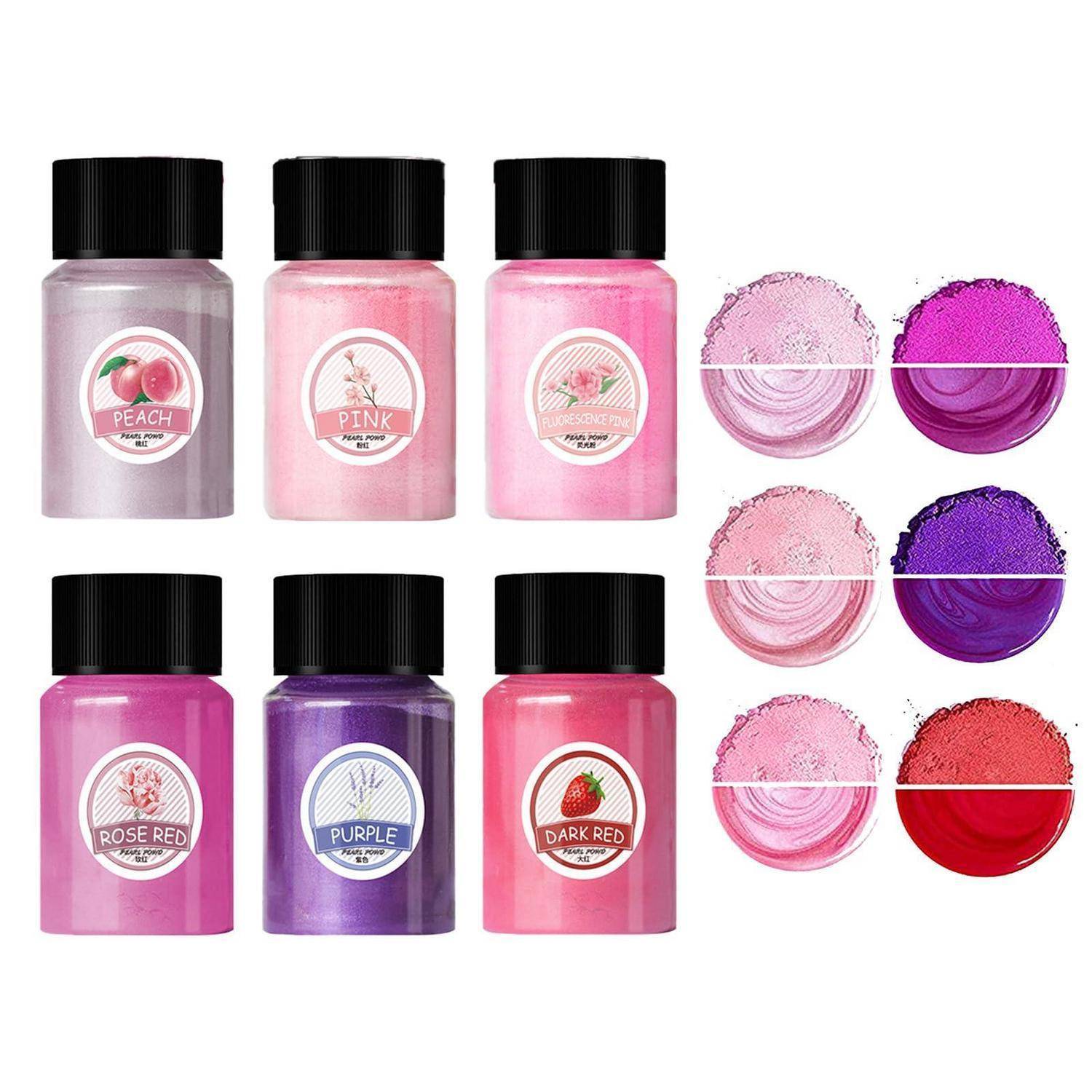 Sechs Kosmetik-Behälter mit den Bezeichnungen Pfirsich, Rosa, Rosenrot, Violett und Dunkelrot, mit entsprechenden Farbmustern, die die Farbtöne im Inneren zeigen.