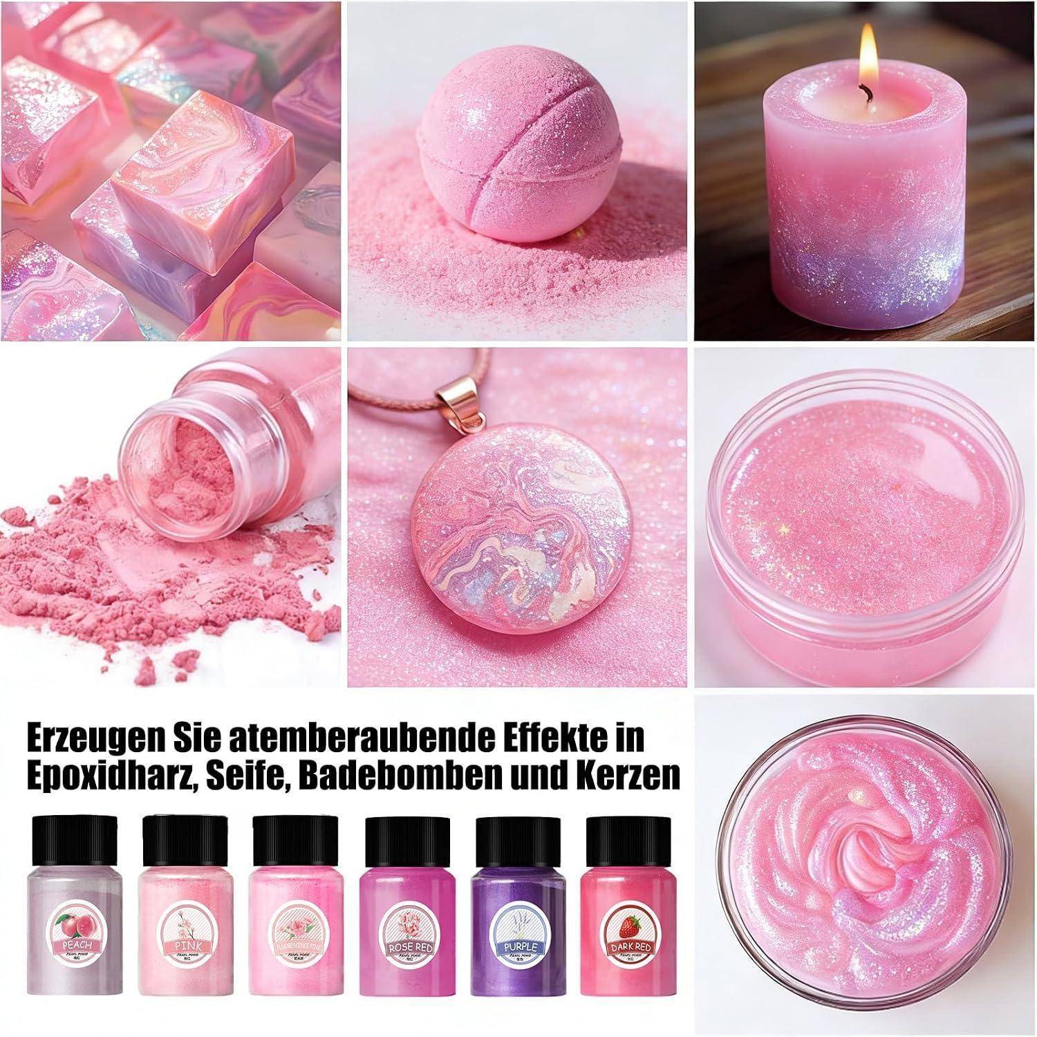 Collage aus rosafarbenen glitzernden Handwerksprodukten und Materialien: Harzblöcke, Badebombe, Kerze, Pulver, Anhänger, Glas und Seife. Deutscher Text bewirbt die Herstellung von Effekten in Epoxidharz, Seife, Badebomben und Kerzen.