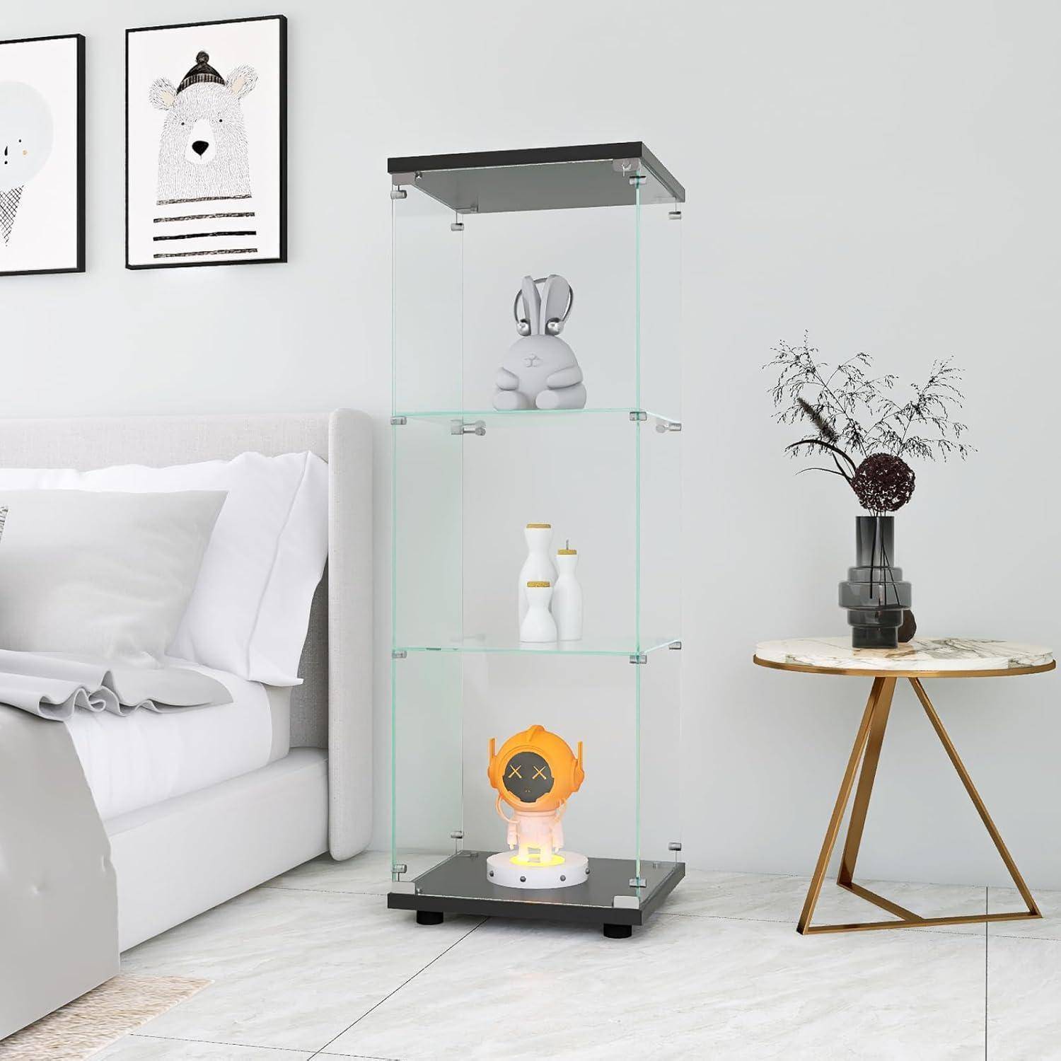 Glasvitrine Standvitrine,Modern Glas Vitrinenschrank für Sammlerstücke Bücher Wein,3 Glasböden & 1 Türen abschließbar,125x42x36 cm, Schwarz (Sch