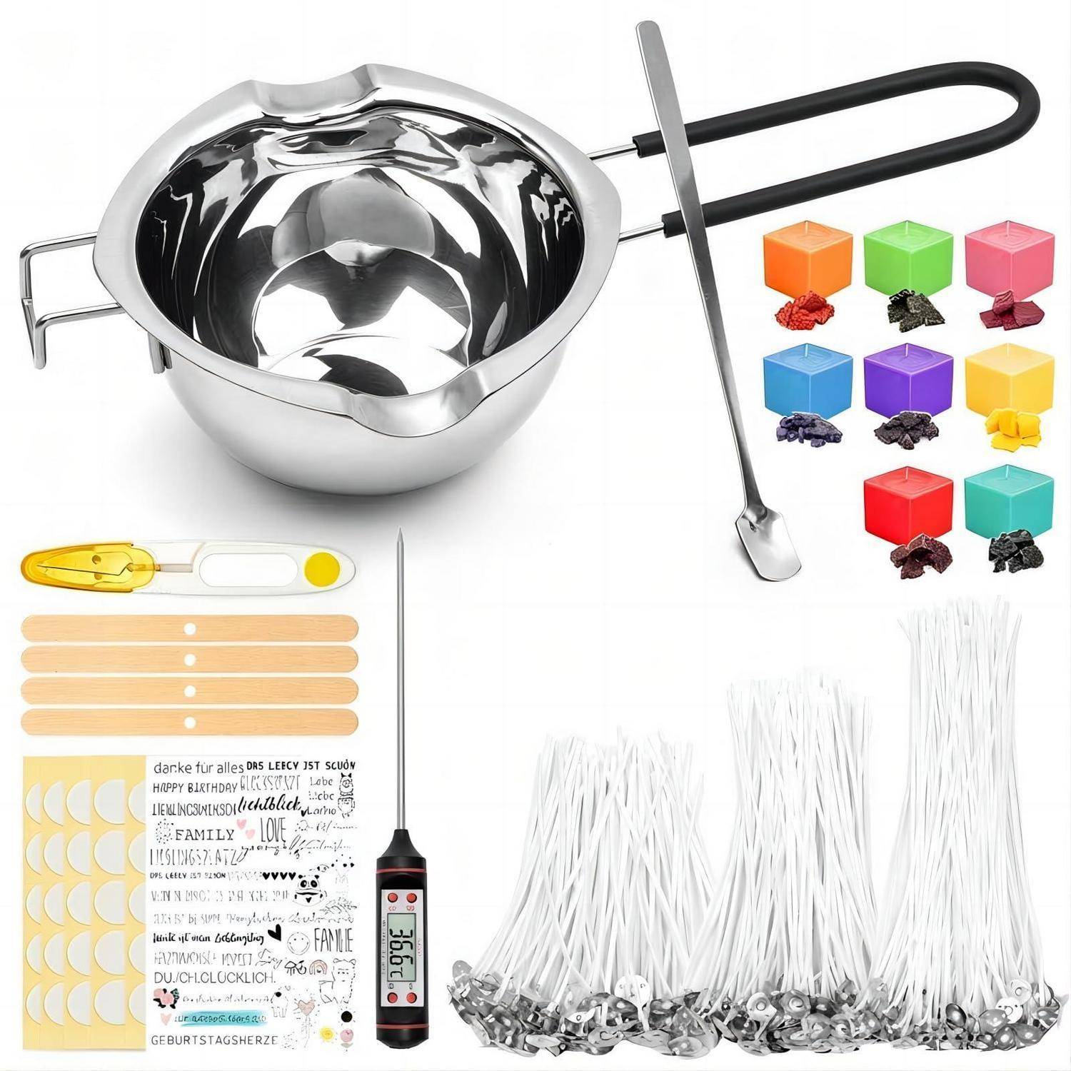 Spülensieb- und Abflussreinigungszubehör-Set, bestehend aus einem Metallspülensieb, Reinigungsbürste, Filterpapieren, Etiketten, Pinzette und weißen Abflusshaareentfernern.