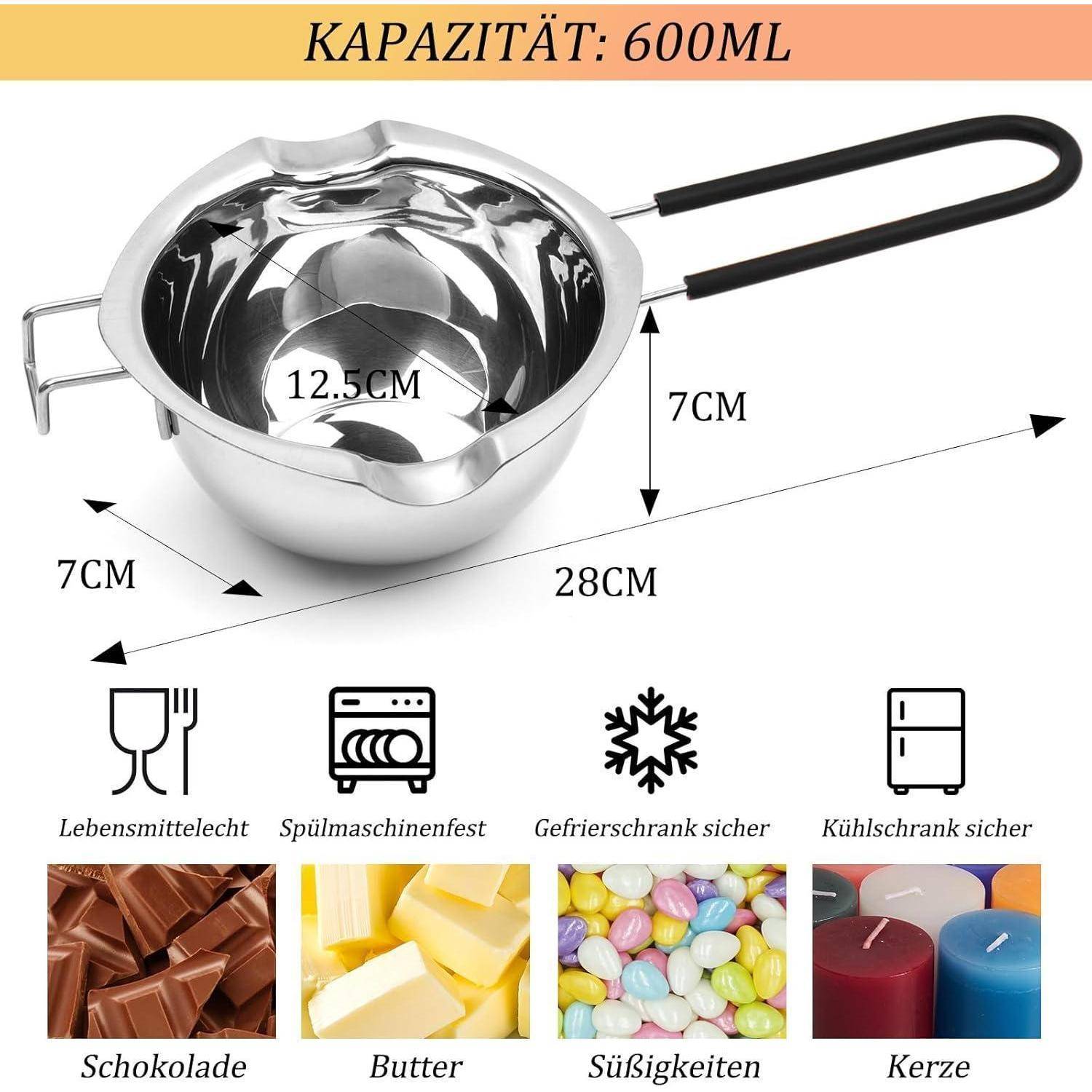 Produktbild eines Edelstahl-Schmelztopfs mit schwarzem Griff, beschriftet mit „KAPAZITÄT: 600ML
