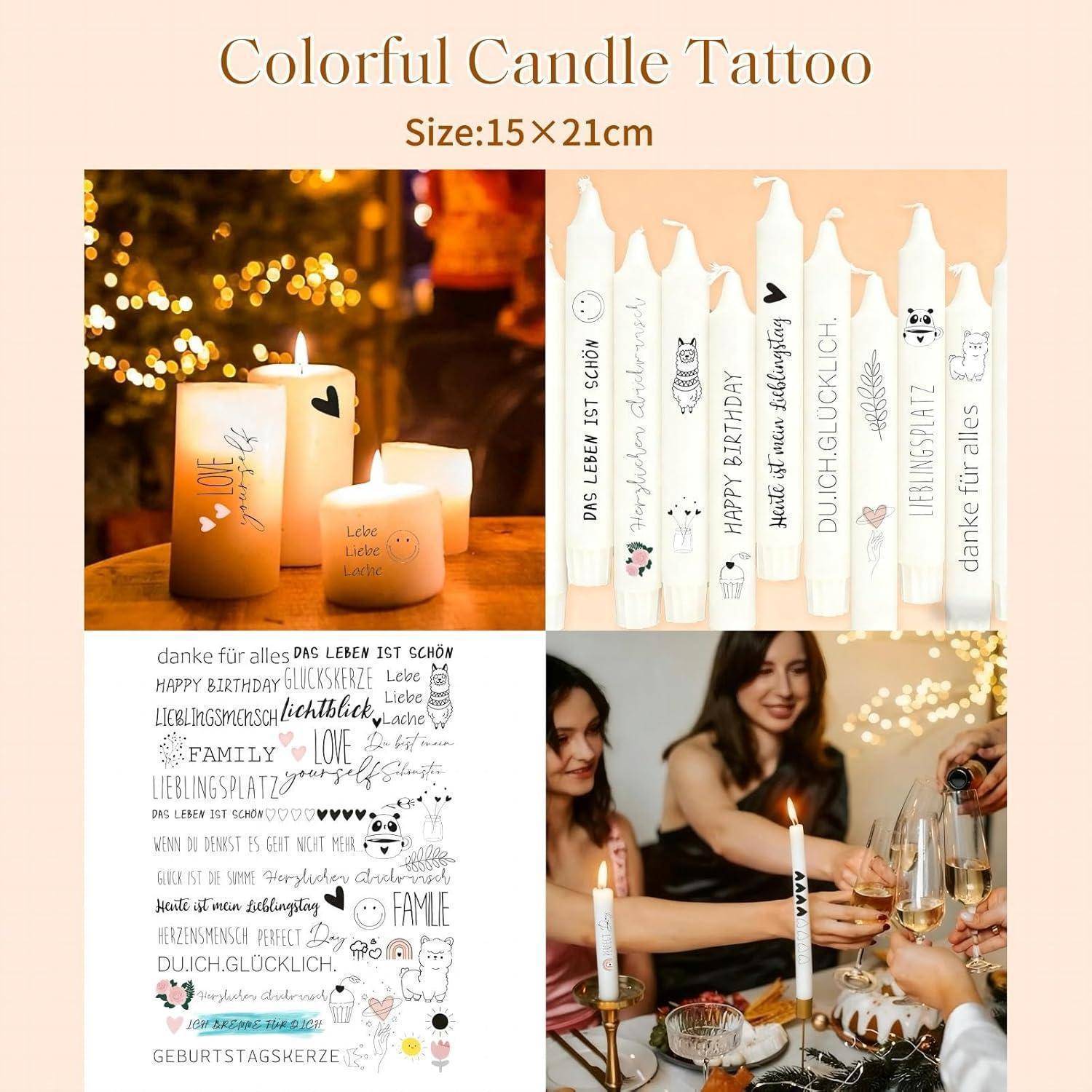 Collage mit anpassbaren Kerzengeschenken mit deutschem Text, einschließlich brennender Kerzen, bedruckten Kerzendesigns, Word-Art und einer Geburtstagsdinnerszene.